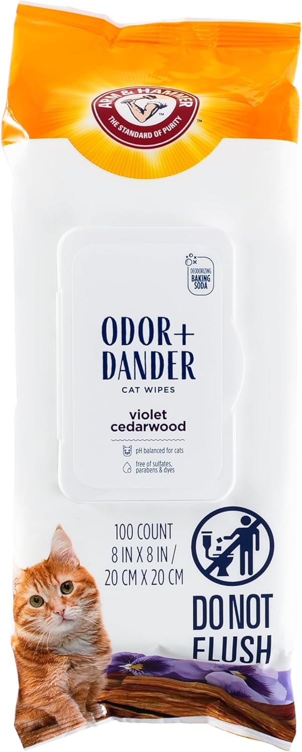 Arm & Hammer for Pets Odor Control Wipes for Cats - Best Odor Eliminating Waterless Cleaning for Cats, Violet Cedarwood Scent, 100 Count