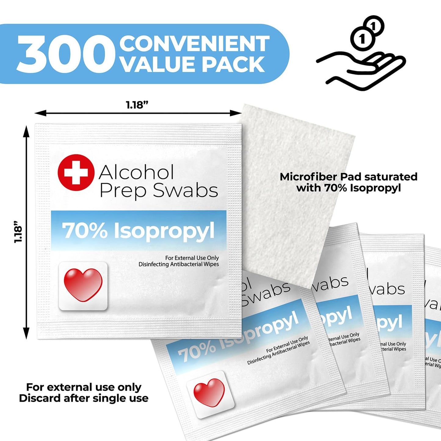Alcohol Wipes individually Wrapped - 300 Pack Isopropyl Alcohol Wipes, Alcohol Prep Pads, Great for Home, Medical and First Aid Kits, Individually Wrapped Swabs