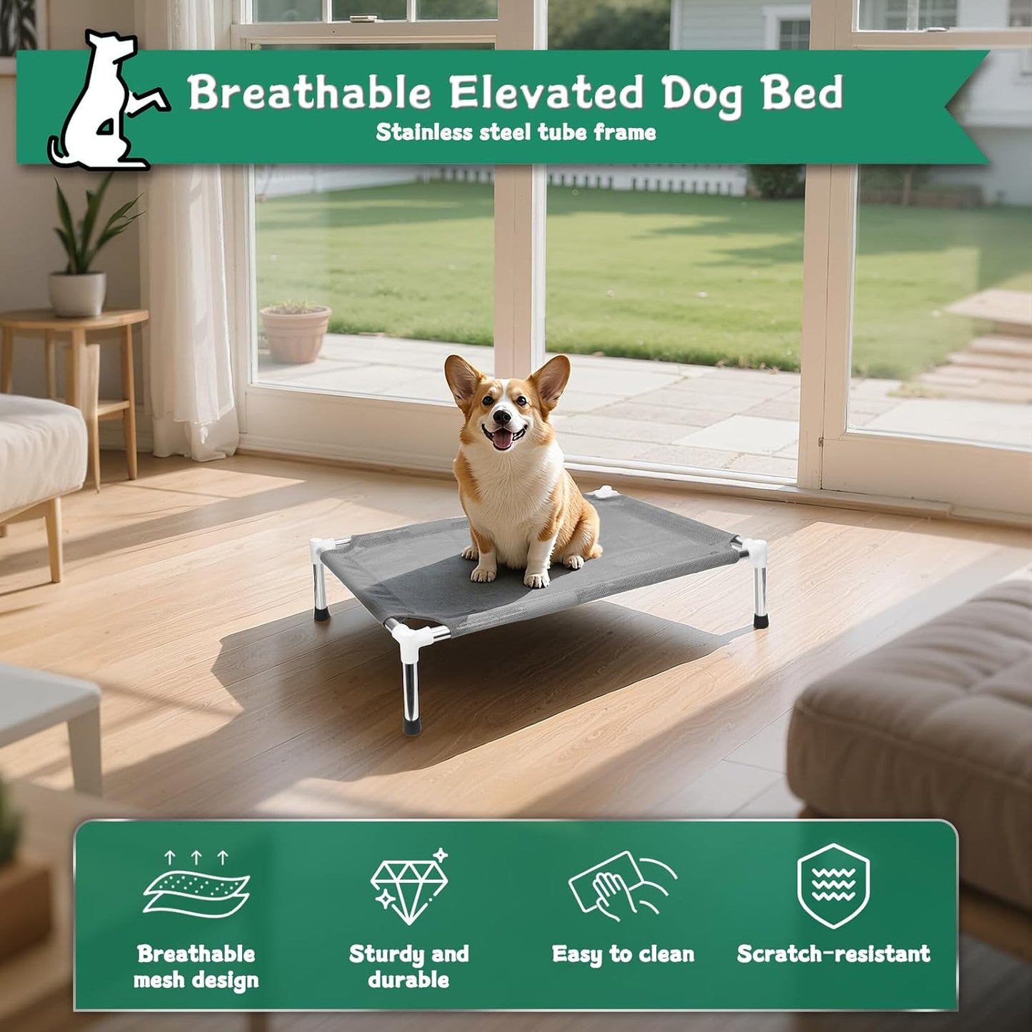 Makerfire Outdoor Elevated Dog Bed, Dog Cots Beds for Small Dogs, Indoor & Outdoor Cooling Raised Pet Bed with Skid-Resistant Feet, Breathable Mesh Fabric (26''L x 19.5''W x 6.4" H)