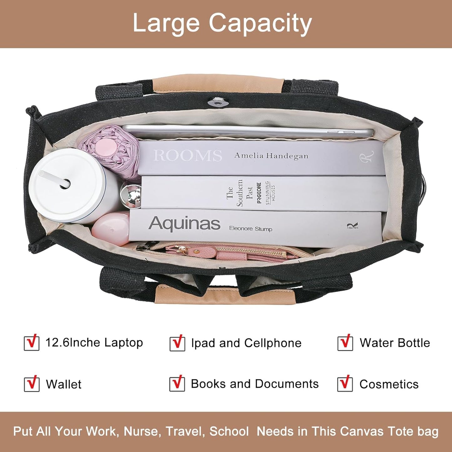 Canvas Tote Bag for Women Crossbody Work Purse with Pockets Top Handle Handbag Satchel Bags for Travel Nurse Teacher