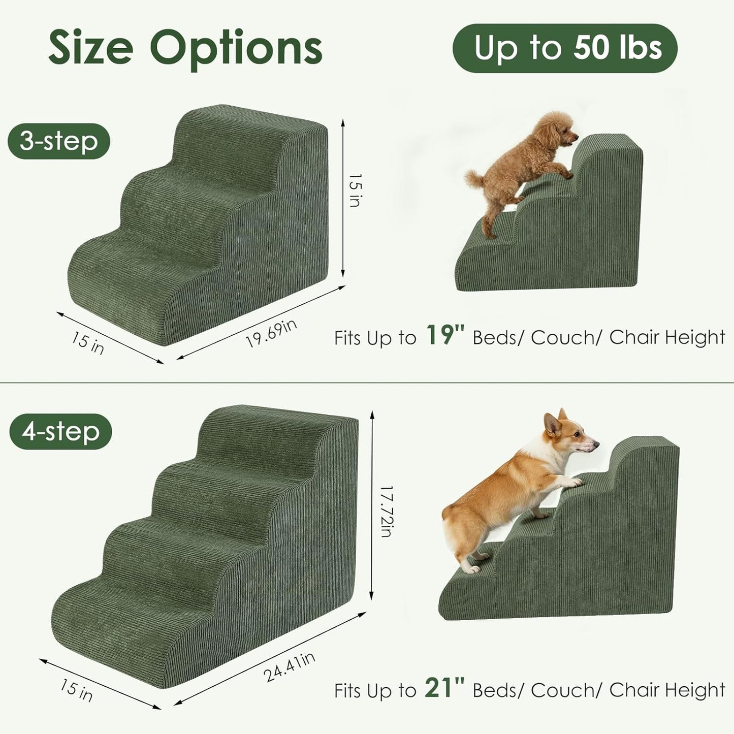Dog Stairs for Small Dogs 17.7" H, 4-Step Dog Ramp for Aged and Injured Dogs, Foam Pet Stairs for Cats to Get on Bed, Couch or Chair, Non-Slip, Steady, Washable Cover, Green