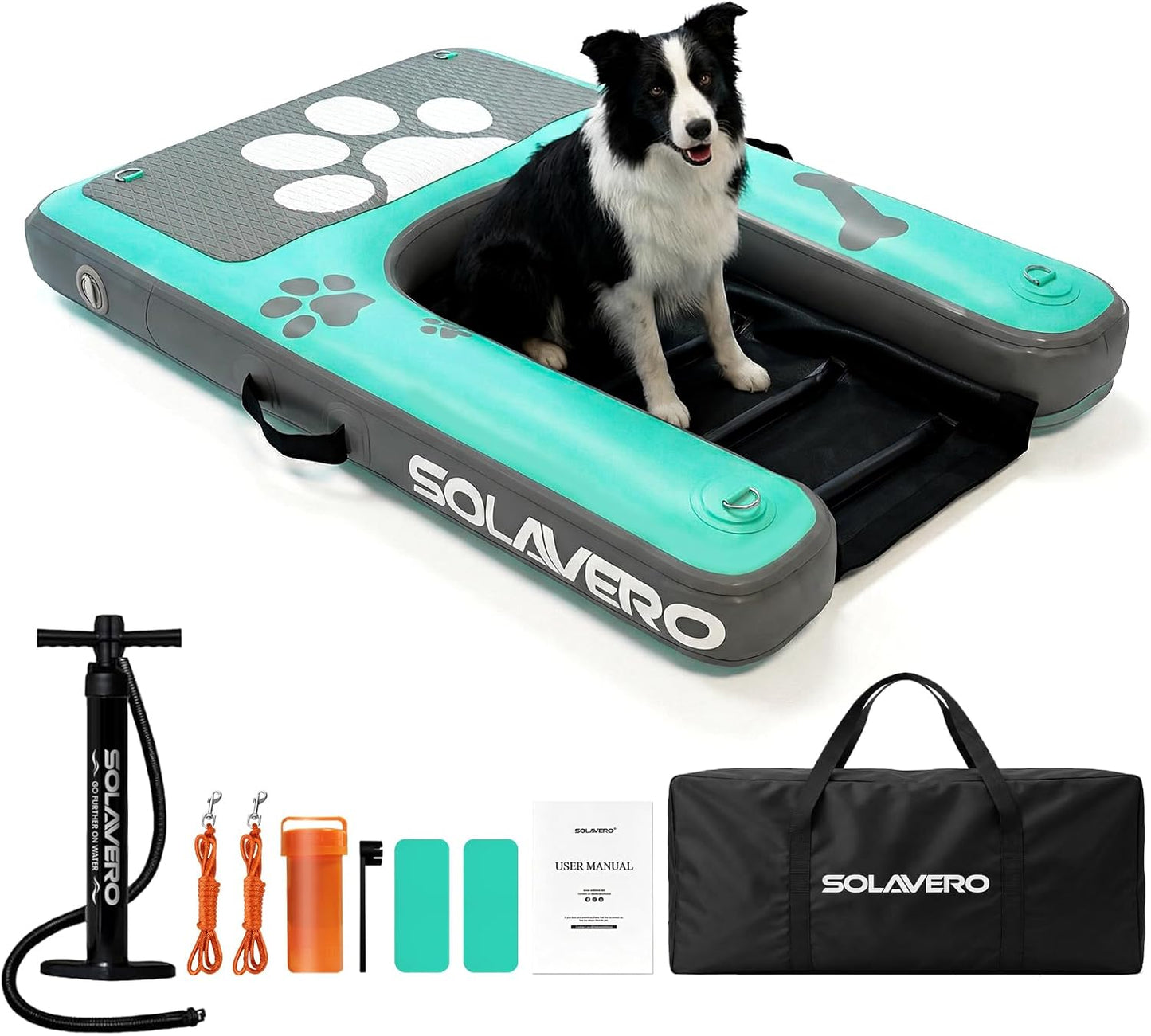 SOLAVERO Dog Water Ramp for Pool, Boat & Lake, Inflatable Dog Dock Pup Plank Pool Ladder Up to 200 lbs, Safe & Easy Access Floating Ramp Steps for Pets with Anti-Slip EVA, Green