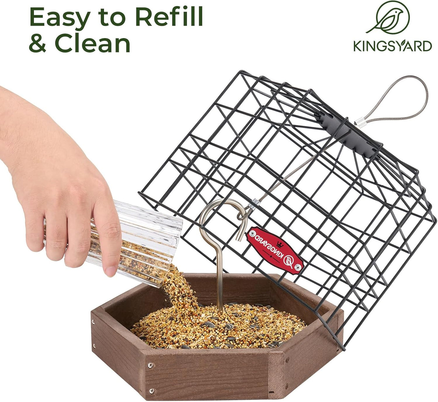 Kingsyard Squirrel Proof Platform Bird Feeders for Outdoor Hanging, 10" Wide Metal Caged Bird Feeder for Small Wildbirds Finches, Recycled Plastic Feeding Platform with Metal Seed Tray, Brown