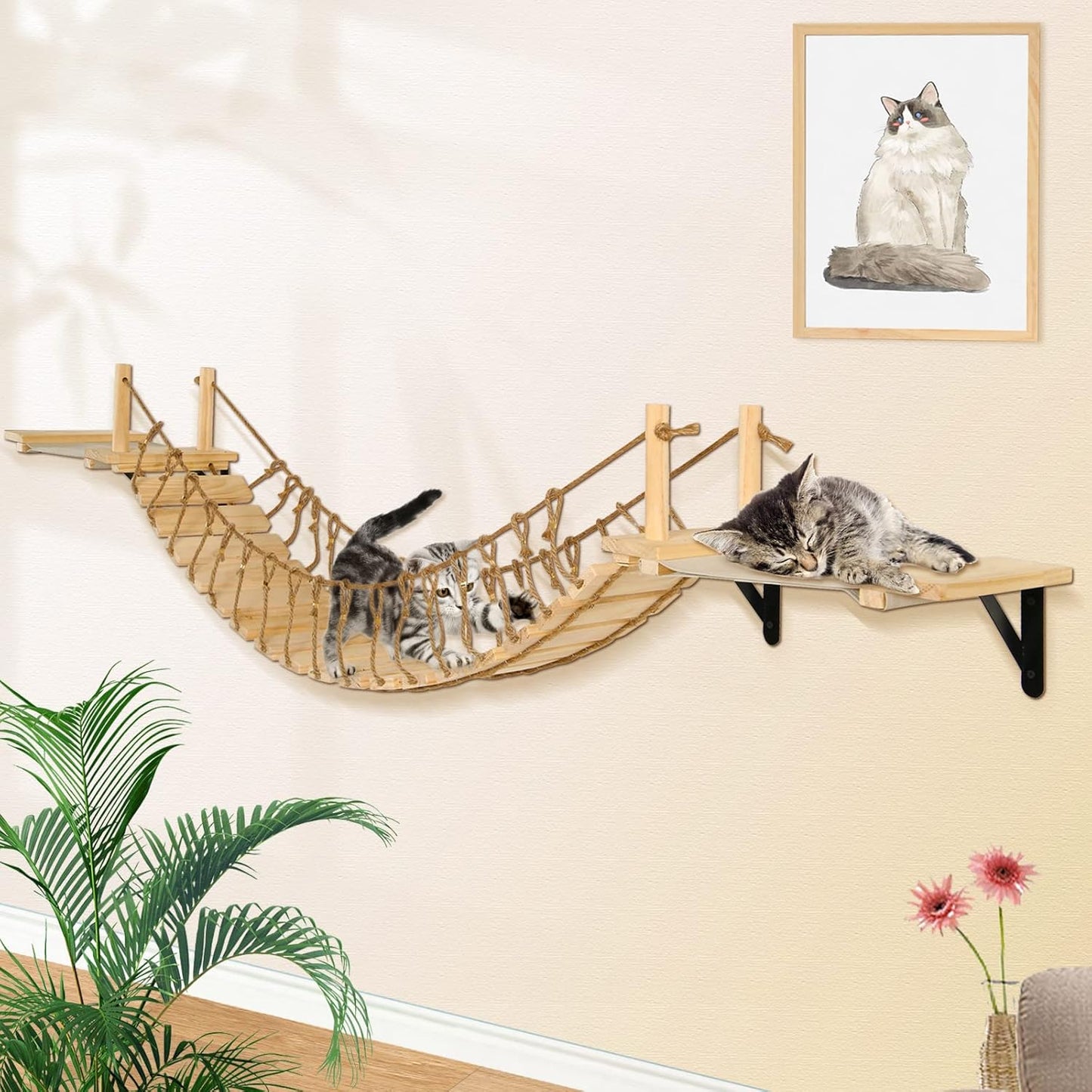 Calmbee Cat Wall Shelves - 70" Cat Bridge Hammock Tree with Mounted Perch & Cloud Shelf