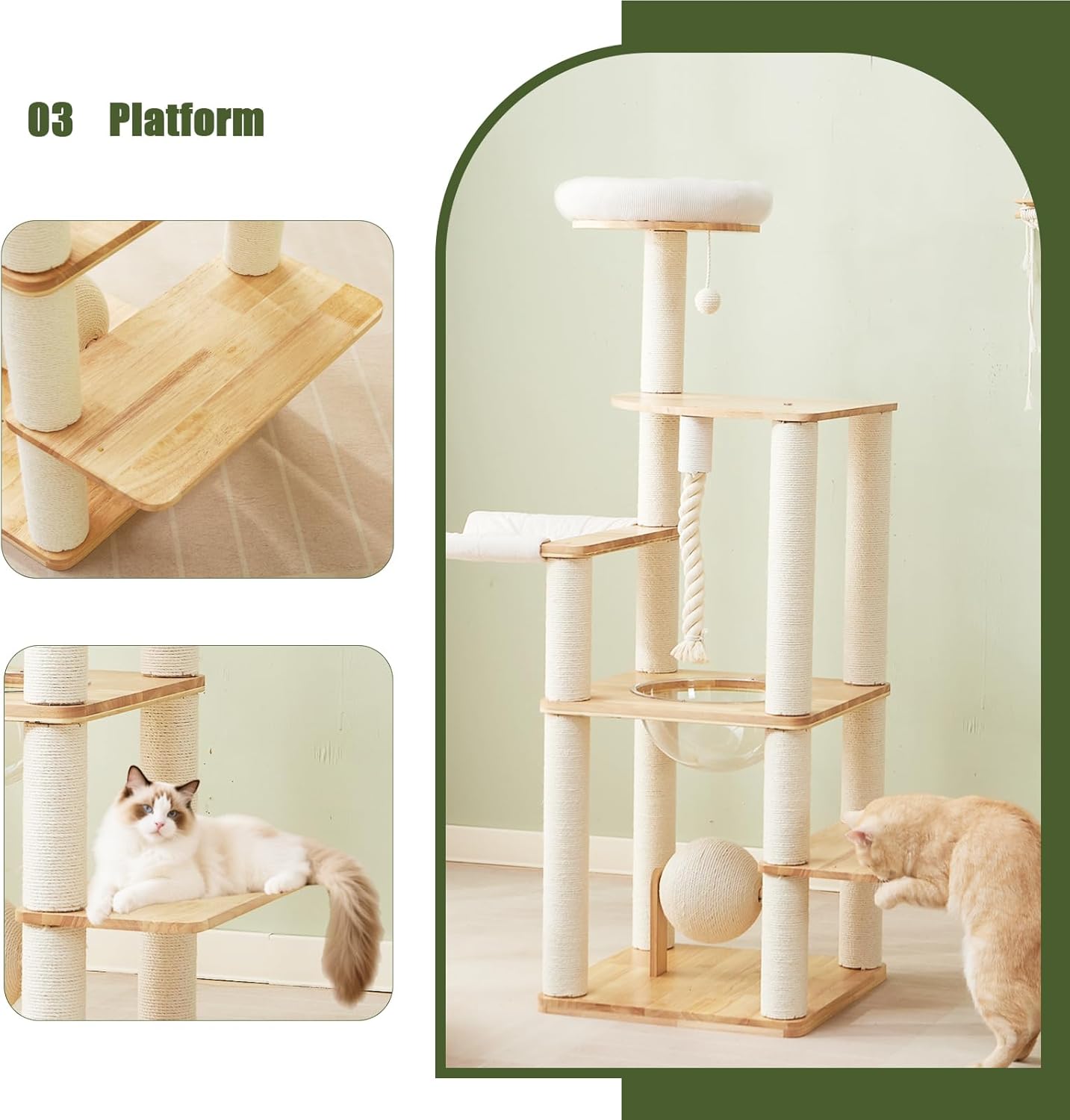 60-inch Modern Cat Tree,Solid Wood Cat Tower with Scratching Post, Hammock, Cotton Nest, Space Capsule, Cat Scratching Ball and Rope for Indoor Cats