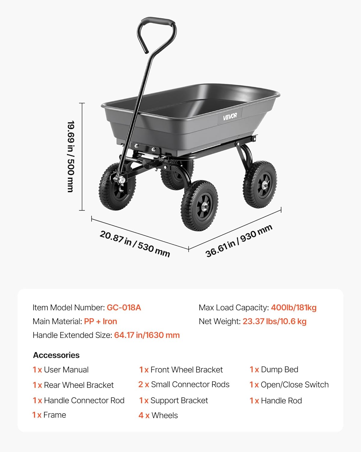 VEVOR 400LBS Wheelbarrow, Poly Garden Dump Cart Wagon with 8" Flat Free Tires, Heavy Duty Wheel Barrow Yard Cart Dump Wagon with Quick-Release System