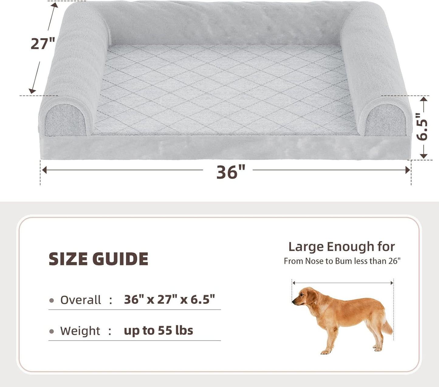 Simple Trending Orthopedic Dog Beds Large Sized, Dog Couch Sofa Bed with Washable Cover, Waterproof Egg-Crate Foam Pet Bed with Sides, Grey