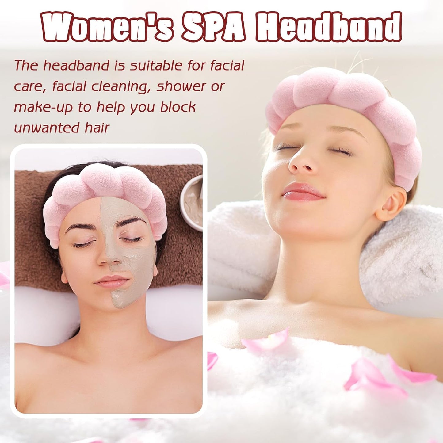 Zkptops Spa Headband for Washing Face Wristband Sponge Makeup Skincare Headband Terry Cloth Bubble Soft Get Ready Hairband for Women Girl Puffy Padded Headwear Non Slip Thick Hair Accessory(Pink)
