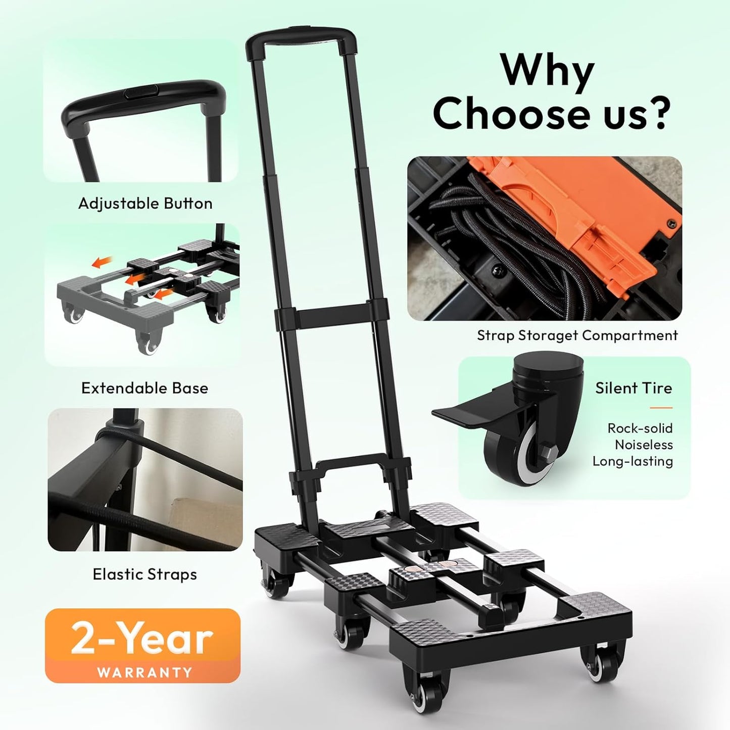 Folding Hand Truck 500lbs, Portable Heavy Duty Dolly Cart, 6 Wheels Collapsible Luggage Cart with 2 Elastic Ropes - Compact Trolley Cart for Easy Moving - Ideal Hand Cart for Travel and More