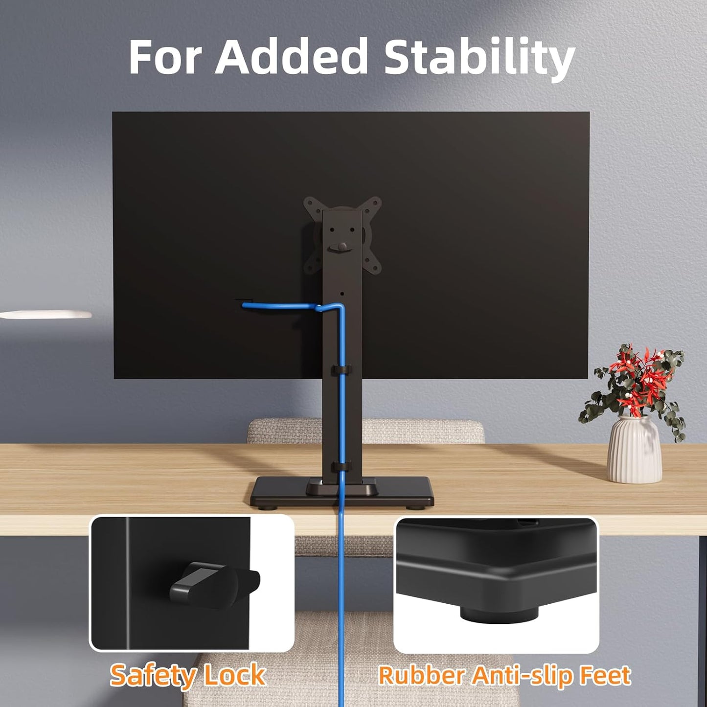 Suptek Single LCD Computer Monitor Free-Standing Desk Stand Mount Riser for 13 inch to 43 inch Screen with Swivel, Height Adjustable, Rotation, 50,75& 100mm Vesa Base Stand, Black