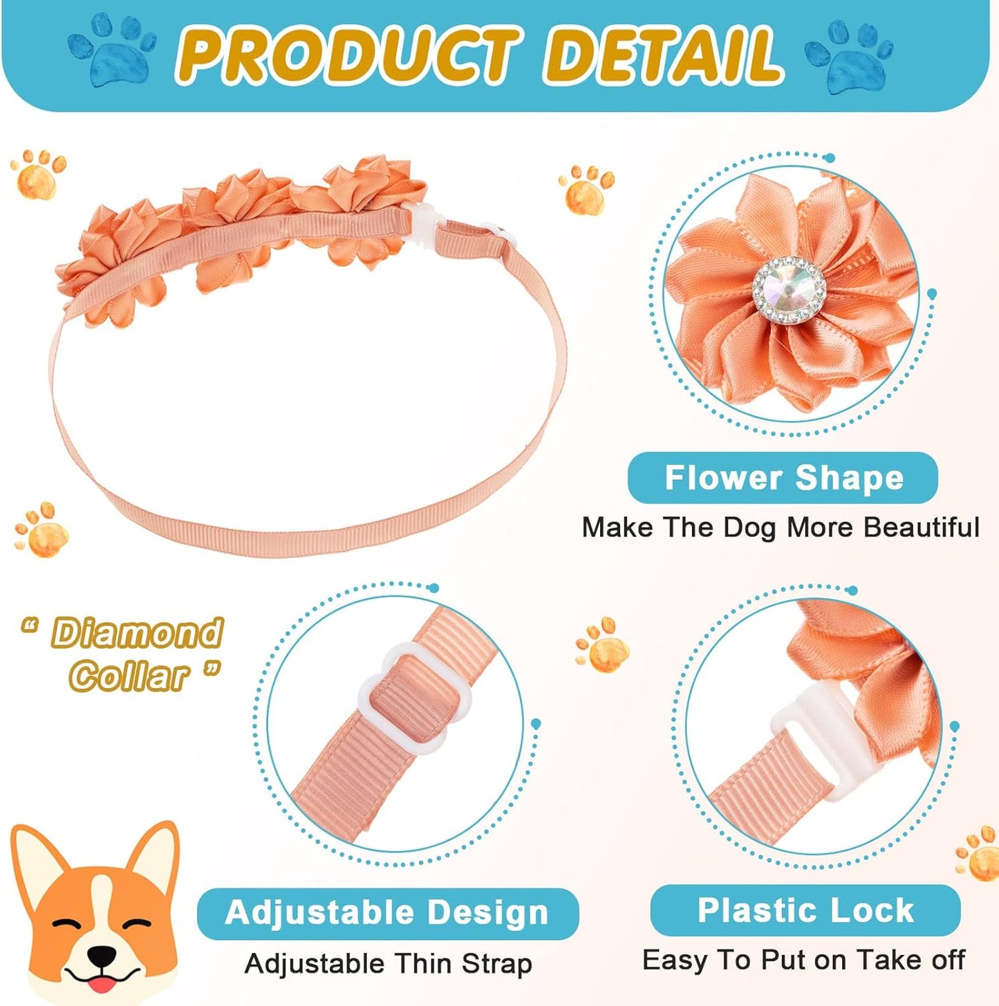 Reginary 80 Pcs Dog Bowtie Flower Collar Girl Dog Accessories Adjustable Girl Puppy Collars Cat Bow Tie Flower with Diamond Crystal for Cats Pet Summer Birthday Party Christmas Wedding Supplies