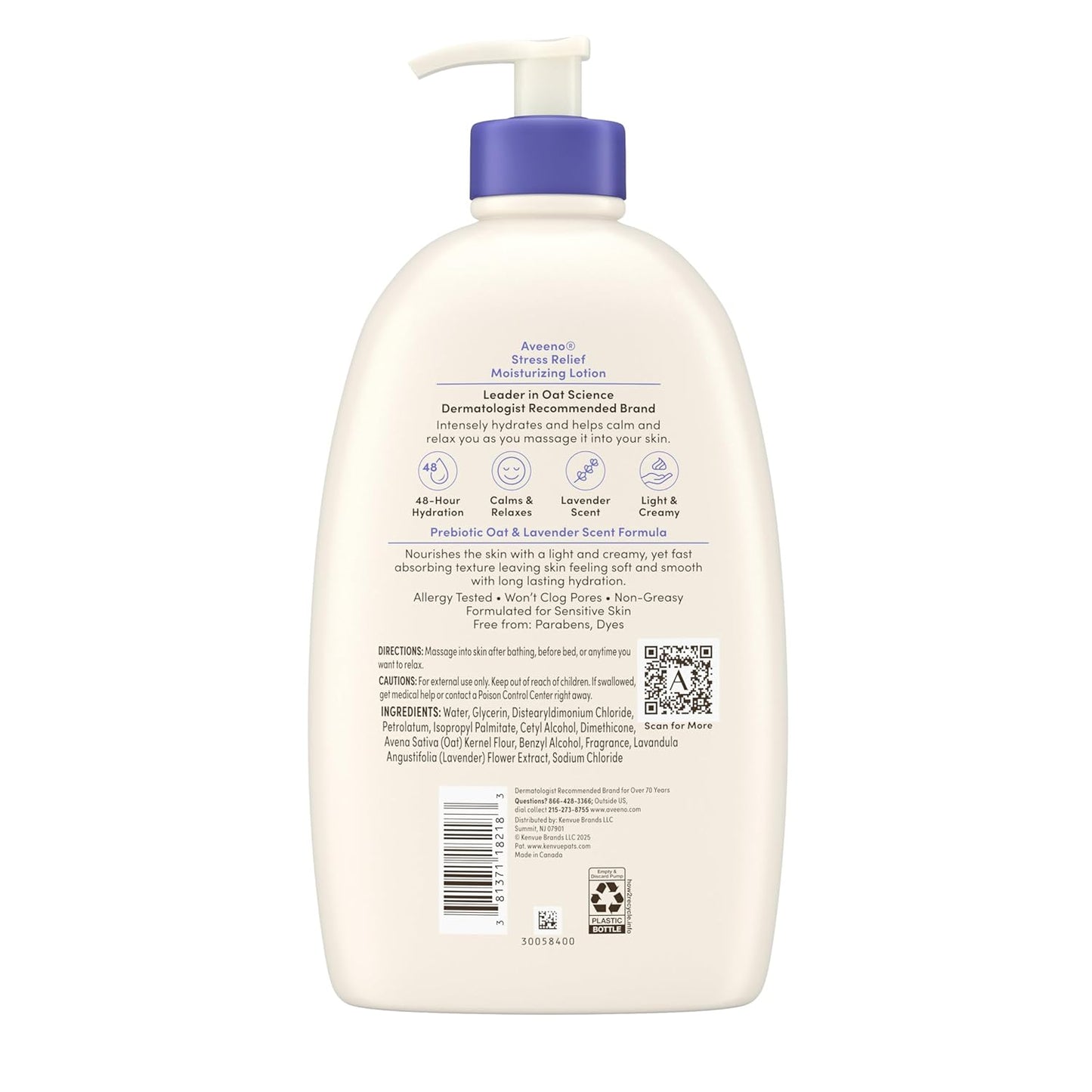 Aveeno Stress Relief Moisturizing Body Lotion with Prebiotic Oat & Lavender Scent for Sensitive Skin, Calms & Relaxes with 48 Hour Hydration, Fast Absorbing & Non-Greasy, 33 fl. oz