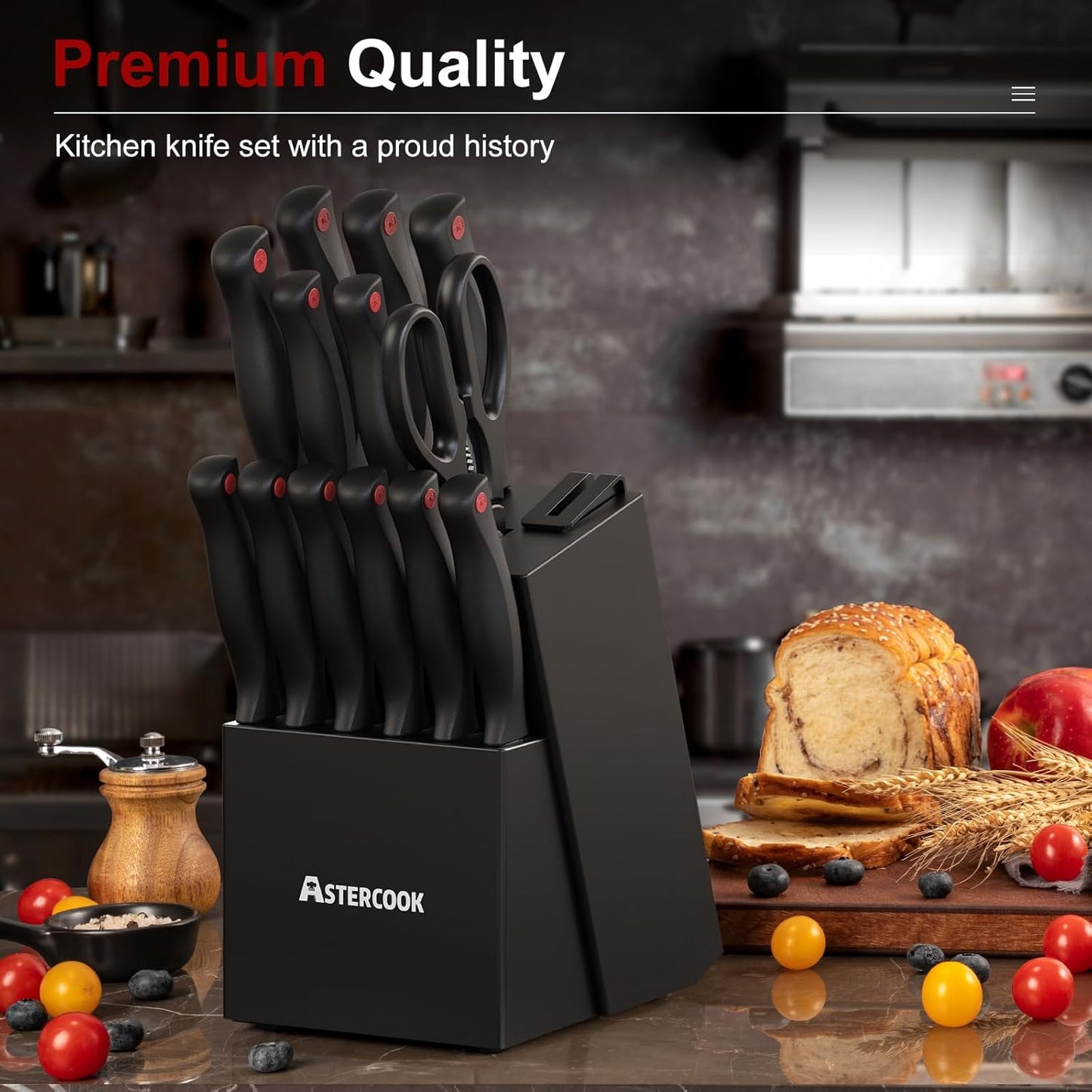 Knife Set, Astercook 15 Pieces Knife Sets for Kitchen with Block, Dishwasher Safe Kitchen Knife Set with Built in Sharpener Block, German Stainless Steel Knife Block Set, Valentine's Gift