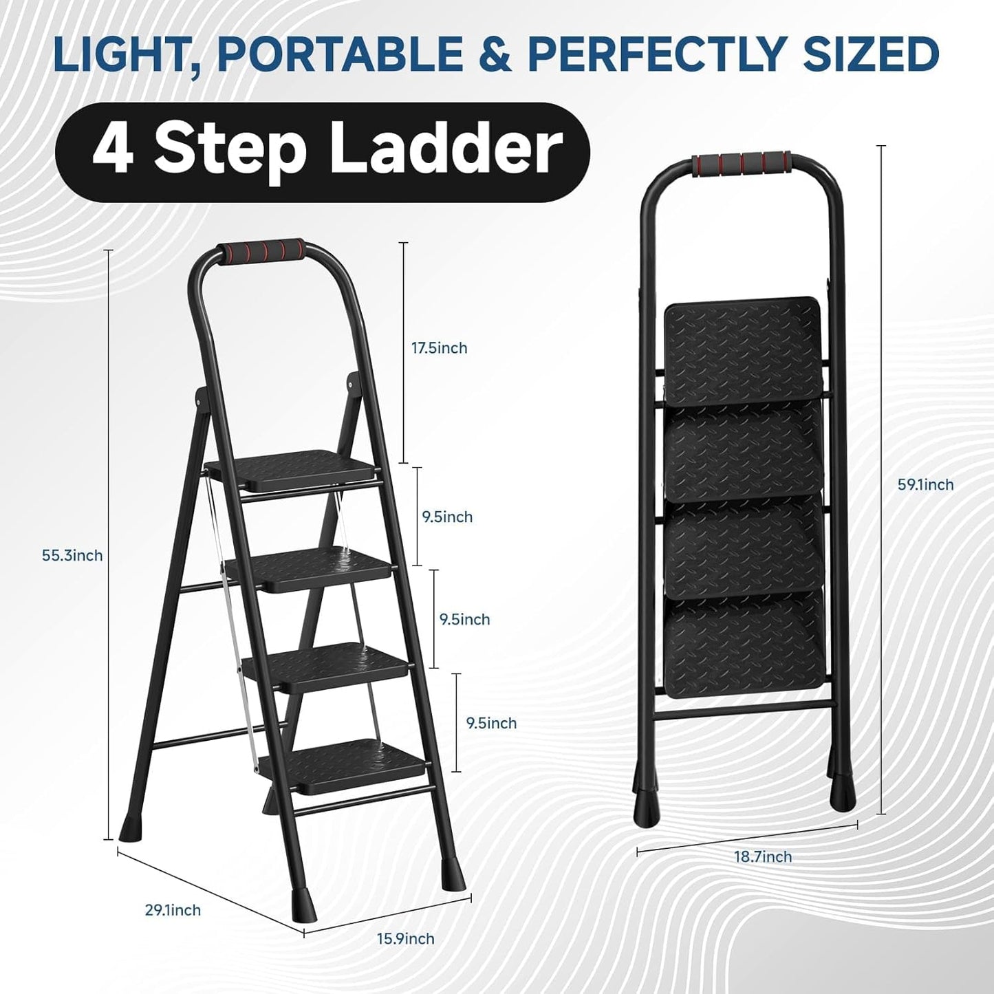 4 Step Ladder, Folding Step Stool with Wide Anti-Slip Pedal & Thick Rubber Feet, Handrail, Safe-Lock Design, Folding Portable Ladder for Multi-Purpose, 800lb, Black