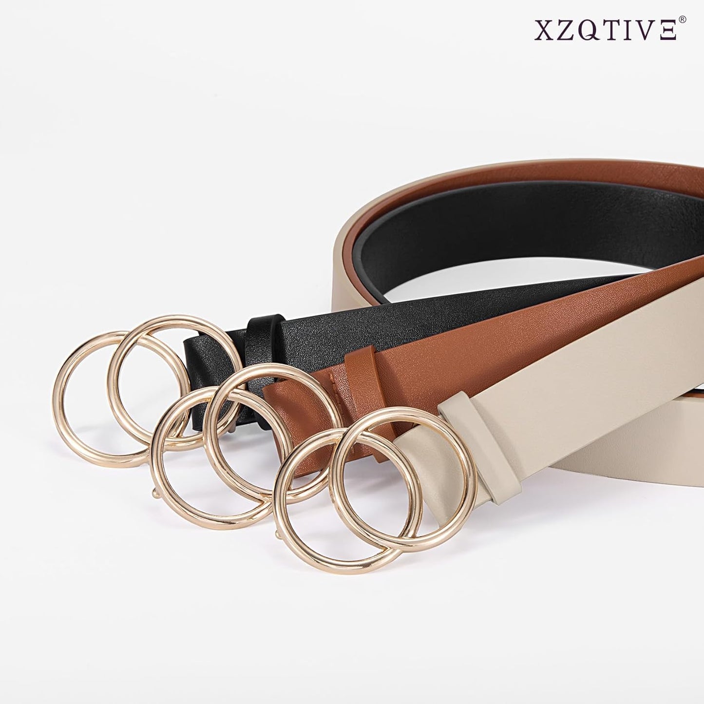 XZQTIVE 3 Packs Women's Leather Belts For Jeans Dresses Pants Fashion Ladies Waist Belt with Gold Buckle