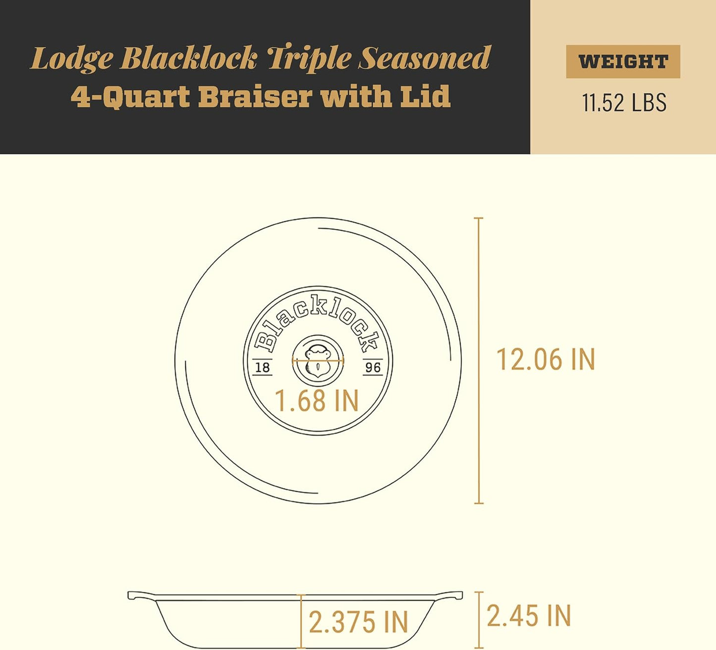 Lodge Blacklock 17 Triple Seasoned Cast Iron Braiser with Lid - Dutch Oven with Nonstick Finish - Lightweight Cast Iron Braiser - Dutch Oven Cookware - Cooking Pot with High-Heat Aluminum Knob