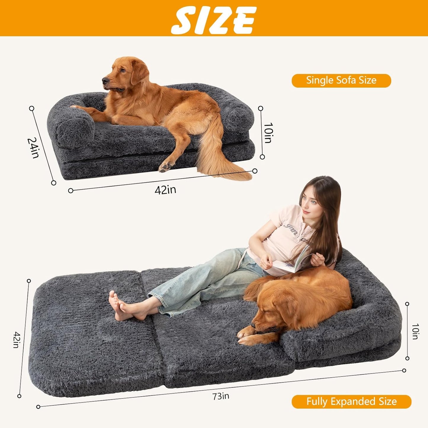 Foldable Human Dog Sofa Bed, 73x42x10 in Faux Fur Orthopedic Pet Bed with Egg Foam Mattress, Portable Dog Bed for Adults, Camping Indoor Use