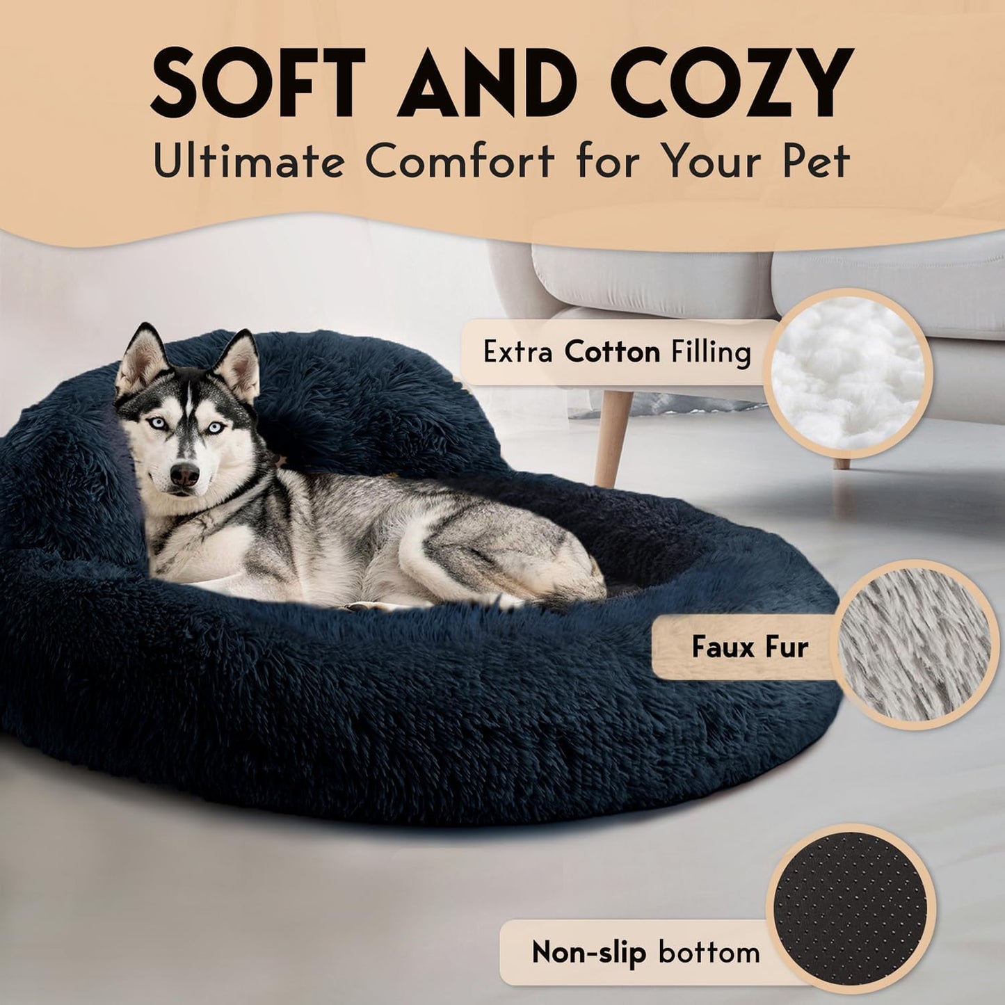 PetJett Dog Beds Large Sized Dog - 36'' Calming Round Bed, Anti-Slip & Washable Super Soft Donut Bed, Fluffy Faux Fur Anti-Anxiety Premium Comfort Pet Bed, Fits Dogs up to 80 lbs - Dark Grey