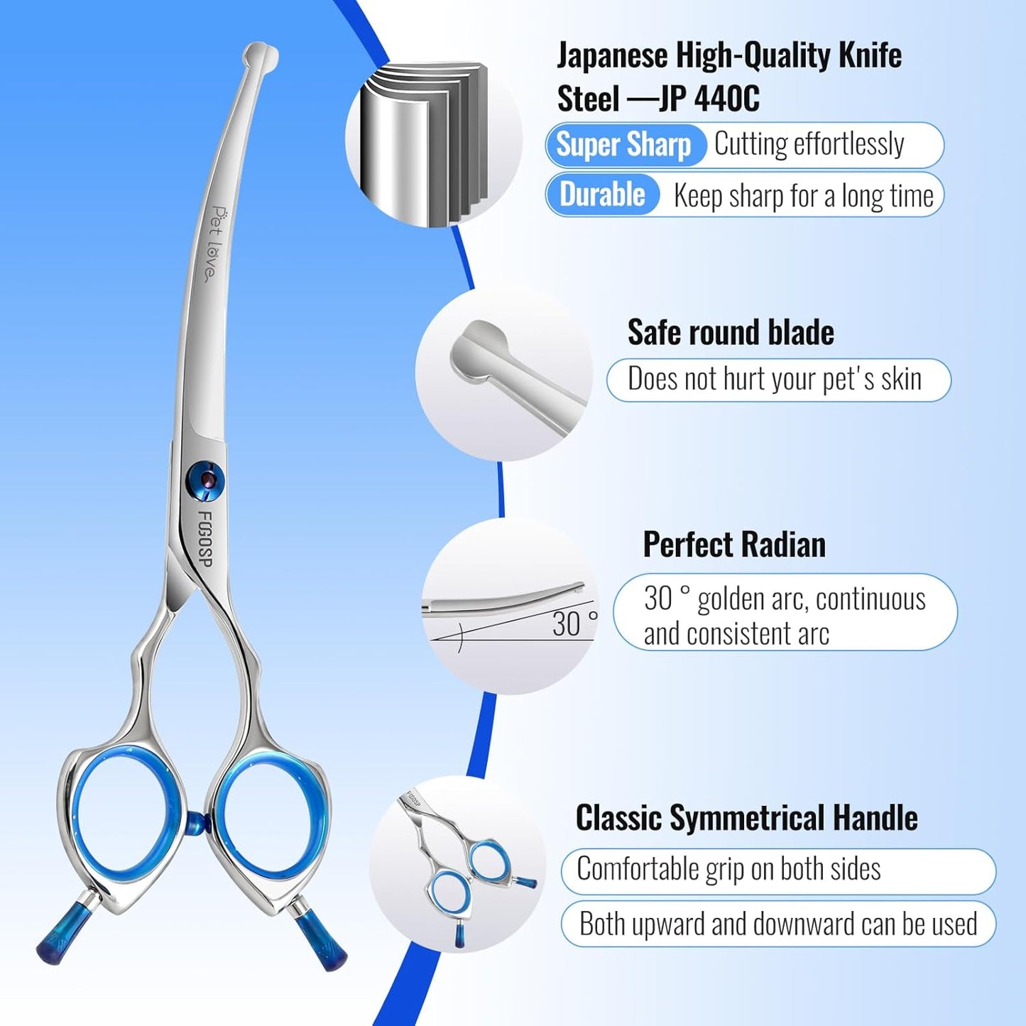 Curved Dog Grooming Scissors with Blunt Tip 6.5 in Safety Curve Shears for Pet Dogs Cat Japan 440C 30°Arc Upward & Downward for Trimming Face and Paws