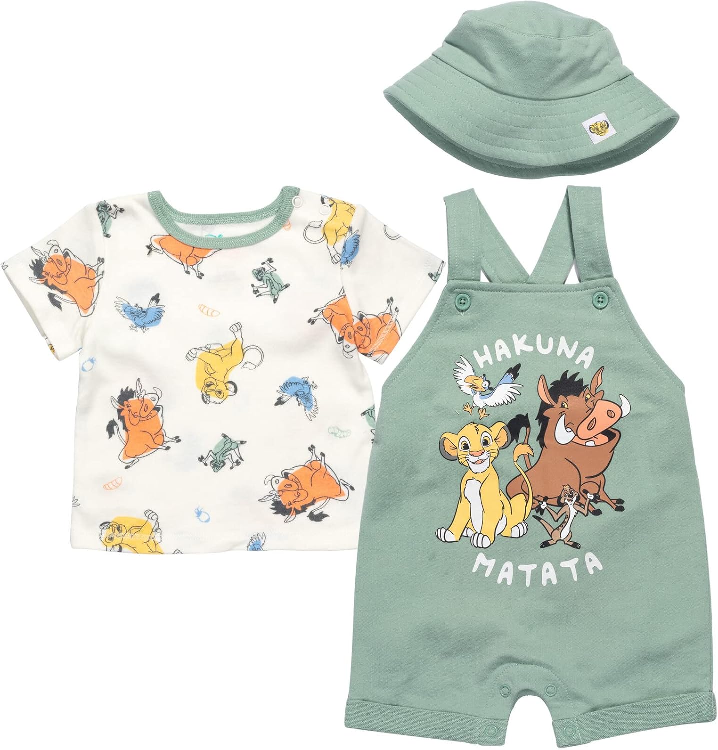 Disney Baby French Terry Short Overalls, T-Shirt and Hat 3 Piece Outfit Set Newborn to Infant Sizes (0-24 Months)