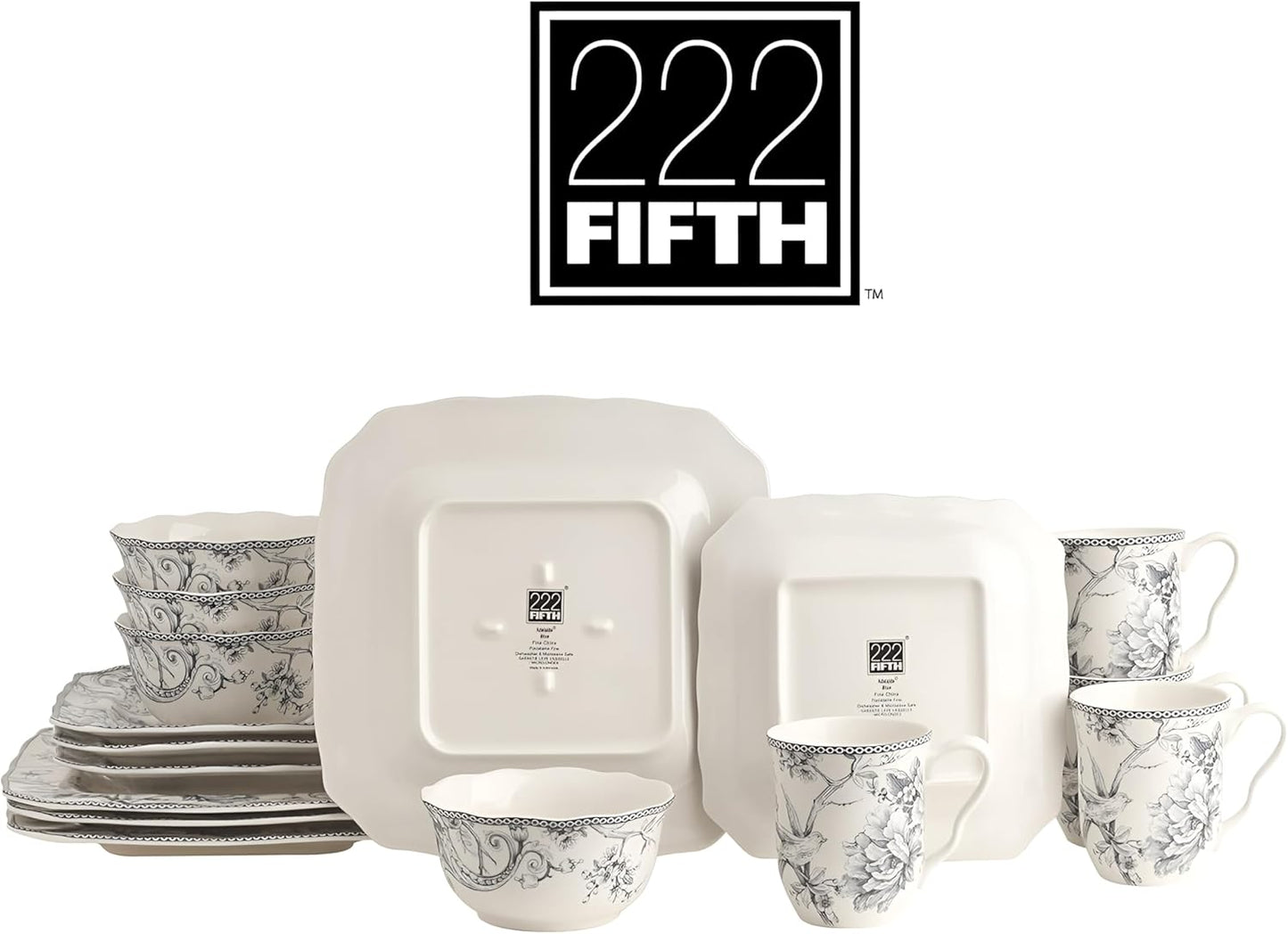 222 Fifth Adelaide 16-Piece Square Floral Dinnerware Set – Service for 4, Grey & White Porcelain Plates & Bowls, for Everyday Dining & Entertainment, Microwave & Dishwasher Safe, Chip Resistant
