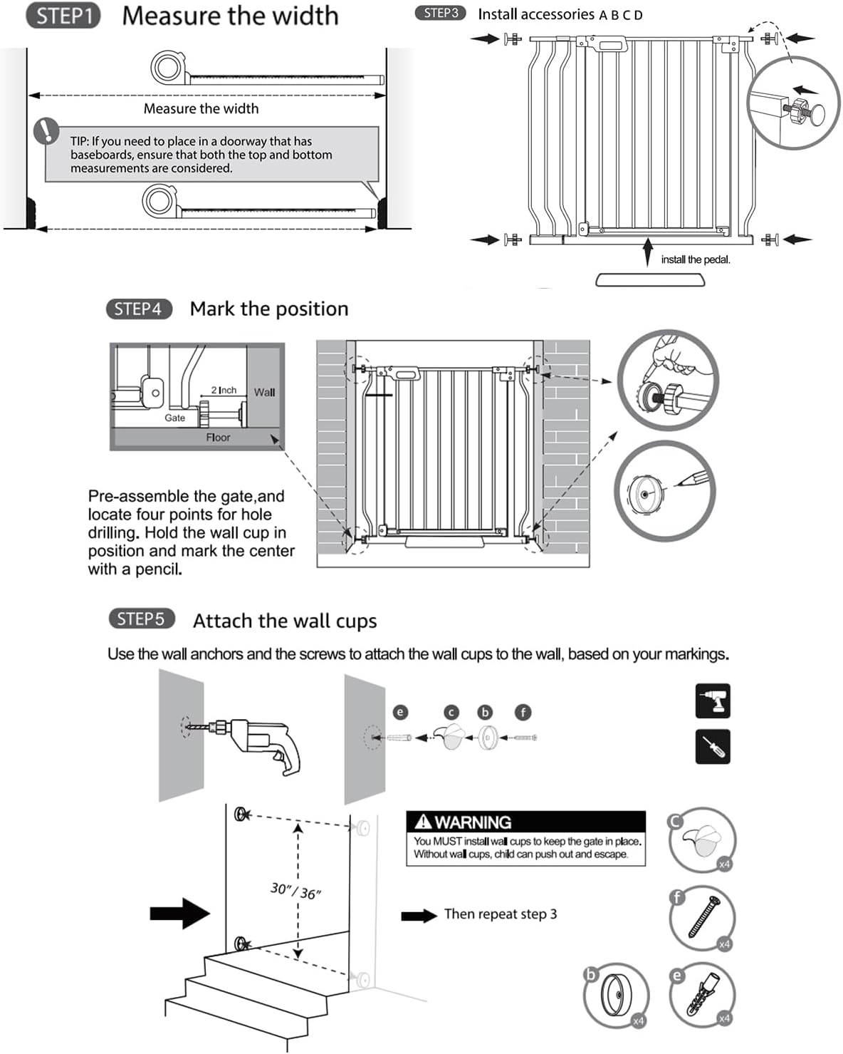 Mom's Choice-GROWNSY Baby Gate for Stairs, 29.5"-48.4" Pressure Mounted Baby Gate for Top of Stair&Doorway with V-Shaped Rods, Anti-Trip Pedal, Extra Wide Stairs Dog Gate Easy Install w/Red Reminder