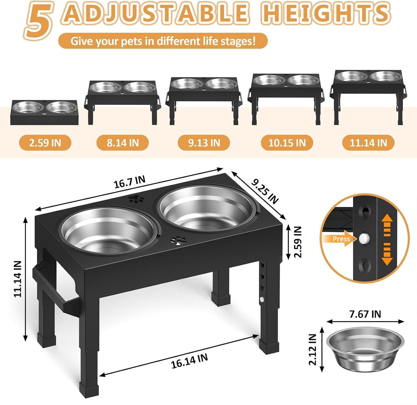 Elevated Dog Bowls Stand Large Breed, Height Adjustable Raised Dog Bowls Holder with 2 Stainless Steel Food Bowls for Small, Medium and Large Canine