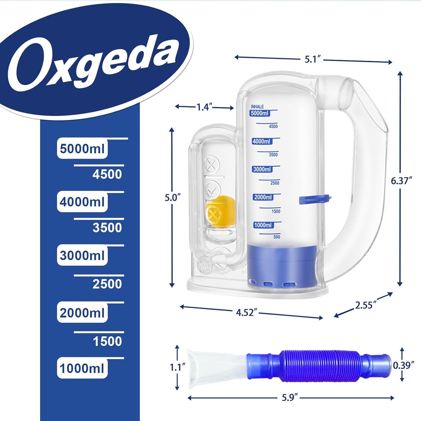 Incentive Spirometer Adult, Breathing Exercise Device for Lungs, 5000ml Capacity for Deep Inhalation, Durable Medical-Grade PC Material | Airflow Indicator for Steady Inhalation Practice