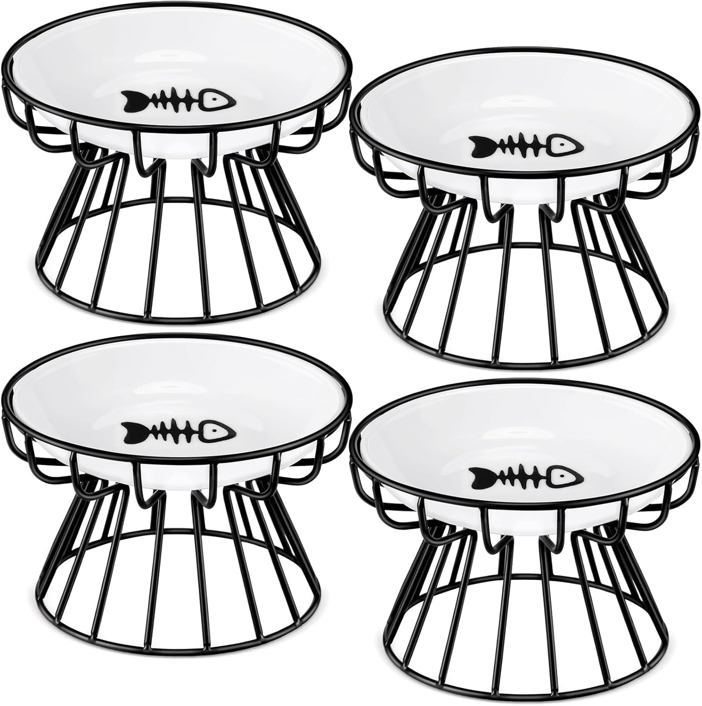 Roshtia 4 Sets Elevated Cat Bowls Ceramic Raised Cat Food Bowls with Metal Stand Dishwasher Safe Dishes Non Slip Elevated Food Plate(Black,Fishbone)