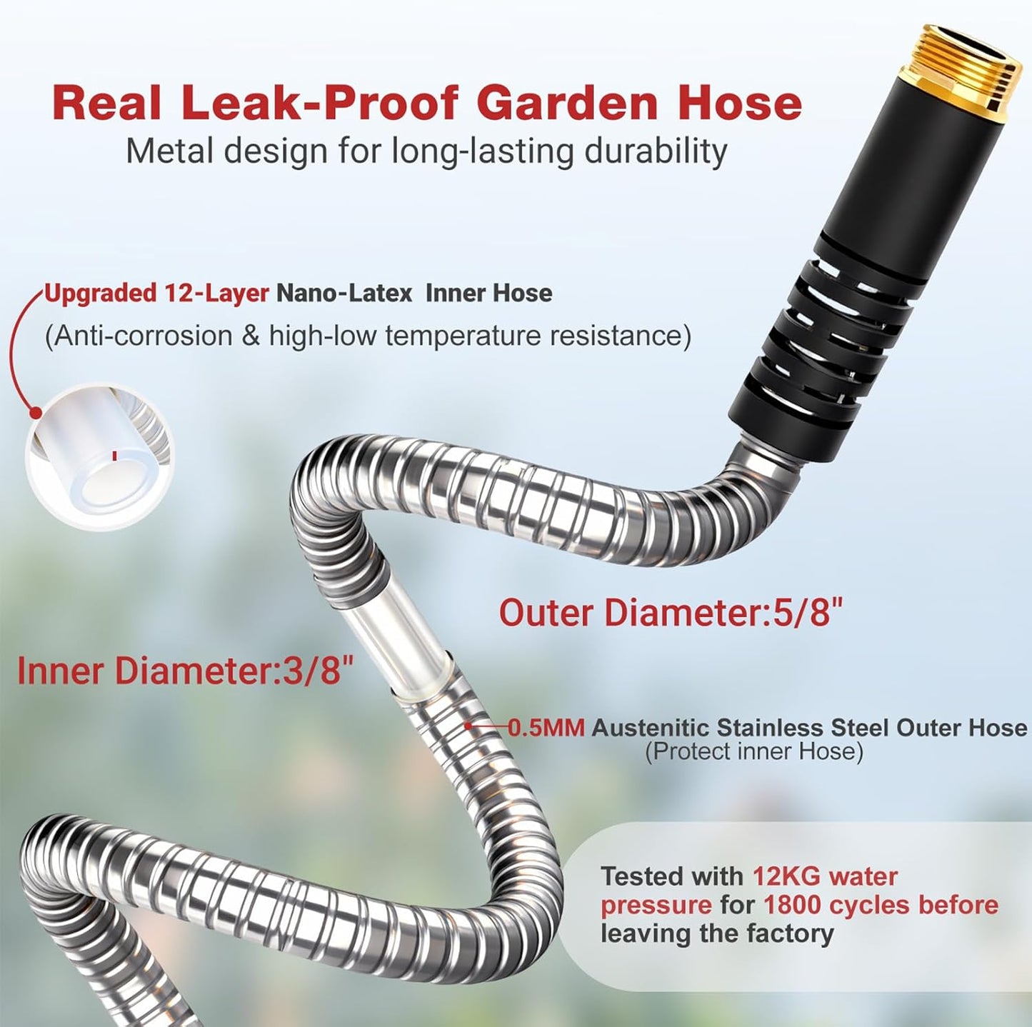 Lefree 100ft Metal Garden Hose - Heavy Duty 304 Stainless Steel Flexible Water Hose, No Kinks & Leak-Proof with Upgraded Handle, 10-Function Spray Nozzle & 4 Spare Gaskets for Yard, RV, Pet Bath
