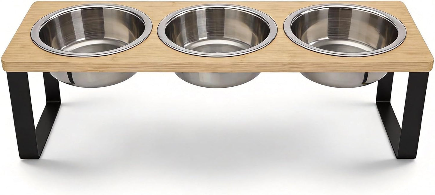 Tilted Raised Cat Bowls with Wooden Stand, Stainless Steel Food & Water Bowl Set for Cats and Kittens, Whisker Friendly, Anti-Spill, Dishwasher Safe, Double & Triple Bowl Options (Triple Bowl)