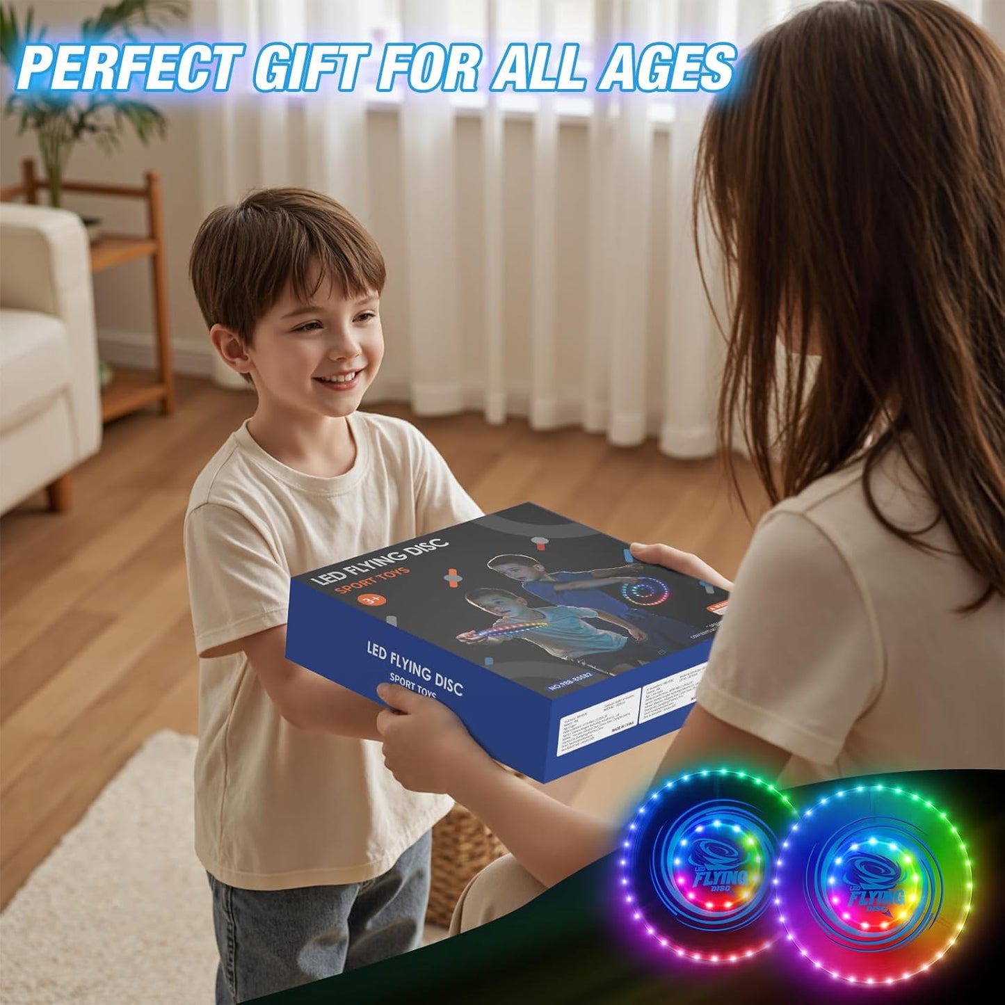 2 Pack Light up Flying Discs for Kids, 45 LEDs, 14 Lighting Modes, Rechargeable Glow in The Dark Flying Ring for Beach, Camping, Outdoor Game, Sport Toys for Teens Boys Adult