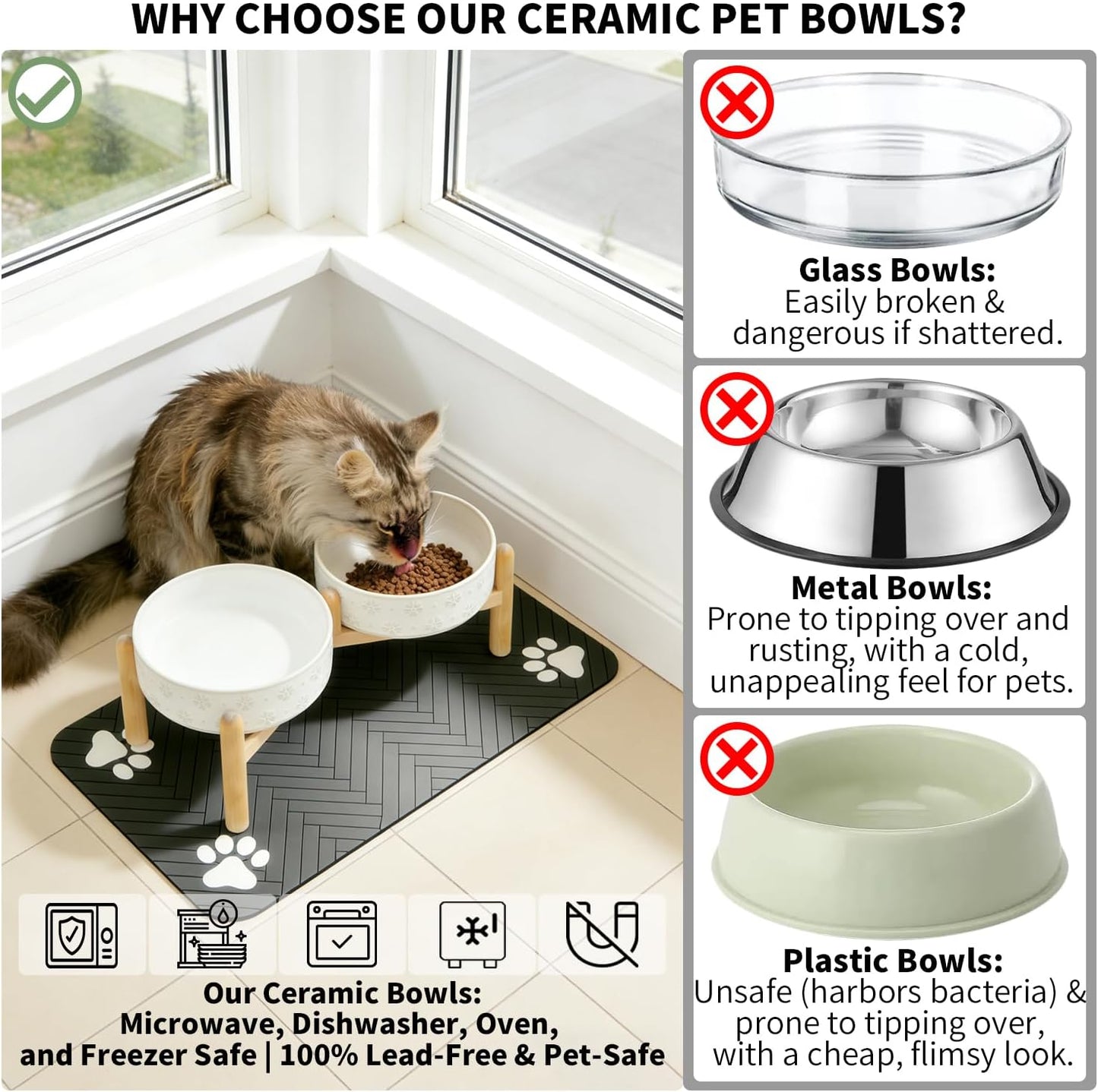 Raised Ceramic Pet Bowls Set with Wooden Stand & Waterproof Mat, 16oz Anti-Vomit Whisker-Friendly Bowls for Cats & Small to Medium Dogs, Non-Slip Stable Design