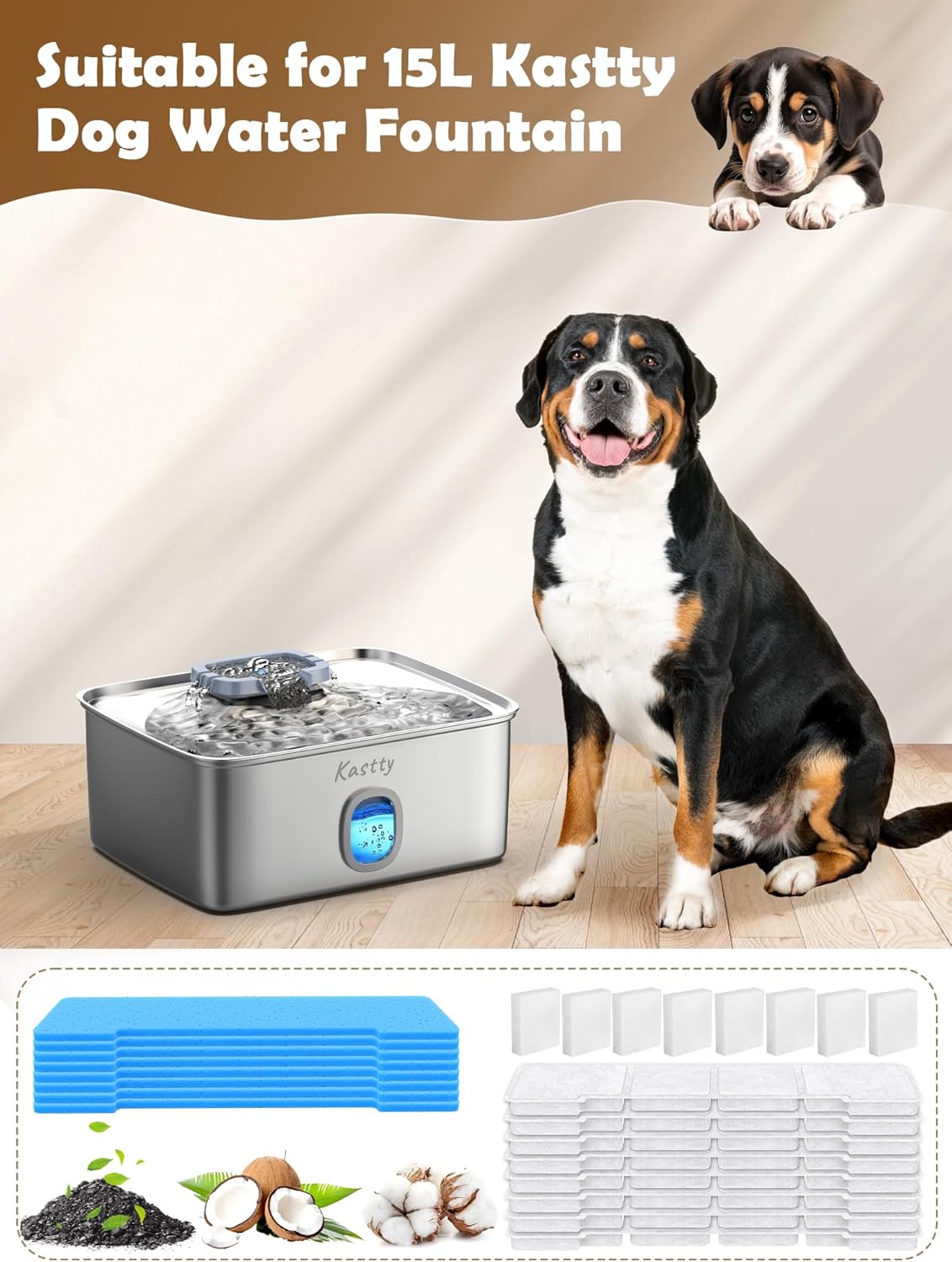 Kastty 15L Dog Water Fountain Filter Replacement, Pet Fountain Filters Replacement Made of Activated Carbon and PP Cotton, 8 Pack Dog Water Bowl Filters 8 Pack Pre-Filter Sponge with 8 Pump Sponge L05