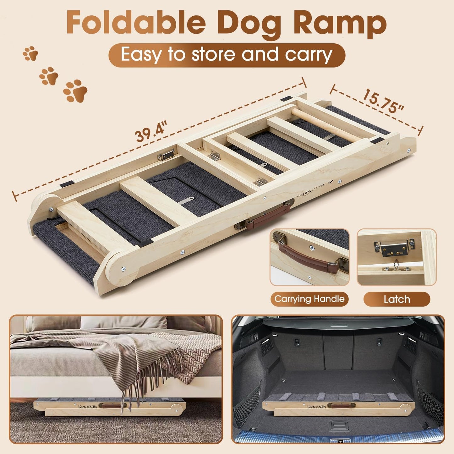 Dog Steps for Bed & Couch - 2-in-1 Dog Stairs/Ramp for Small to Large Breeds - 6 Adjustable Height from 12" to 24" - Folding Portable Wooden Ramp for Dogs to Get on Bed Couch Car Up to 200LBS