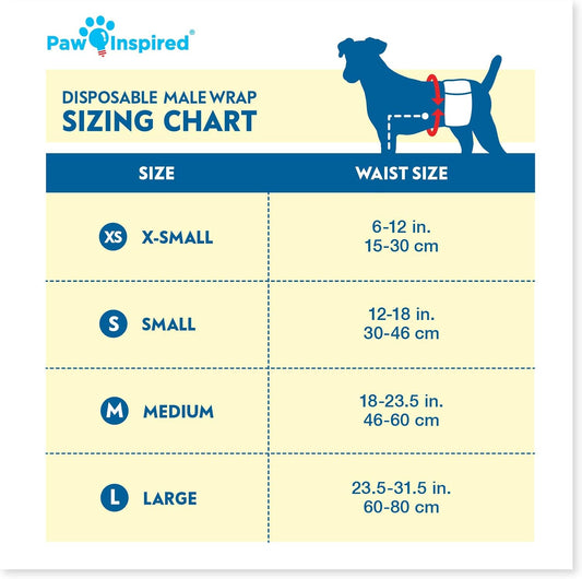 Paw Inspired Male Dog Wraps, Disposable Dog Diapers | Belly Bands for Small, Medium, Large Dogs (32 Count, Size Medium)