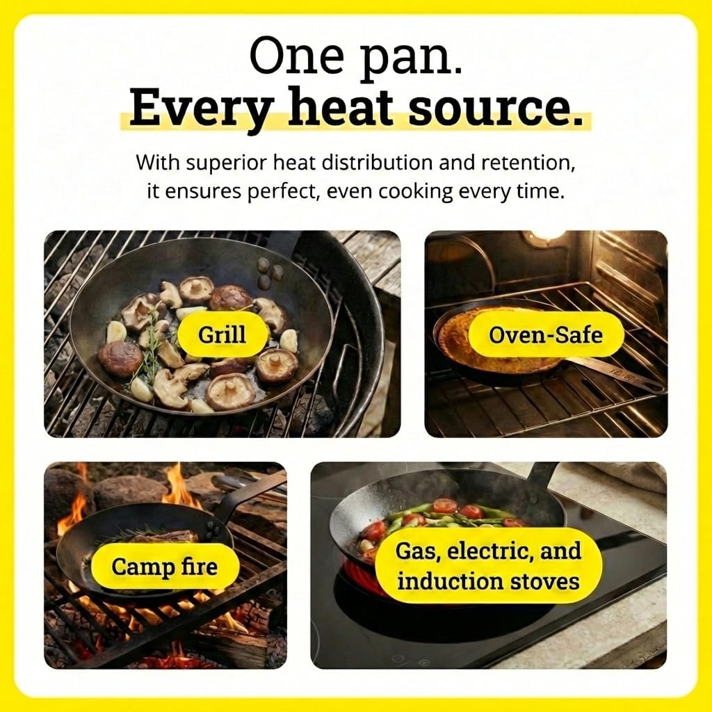 Lodge 12 Inch Carbon Steel Skillet - PFAS-Free Pre-Seasoned Carbon Steel Frying Pan for High-Heat Searing - Long Handle Design for Omelets, Grilling, and Campfire Cooking - Made in the USA
