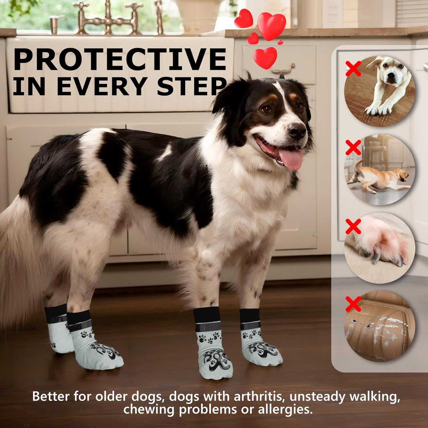 Anti Slip Dog Socks to Prevent Licking Paws - Double Side Paw Covers Dogs Grip Sock for Hardwood Floors, No Twist Dog Booties Grippy Socks for Small Medium Large Senior Dogs, Light Grey and Black, L