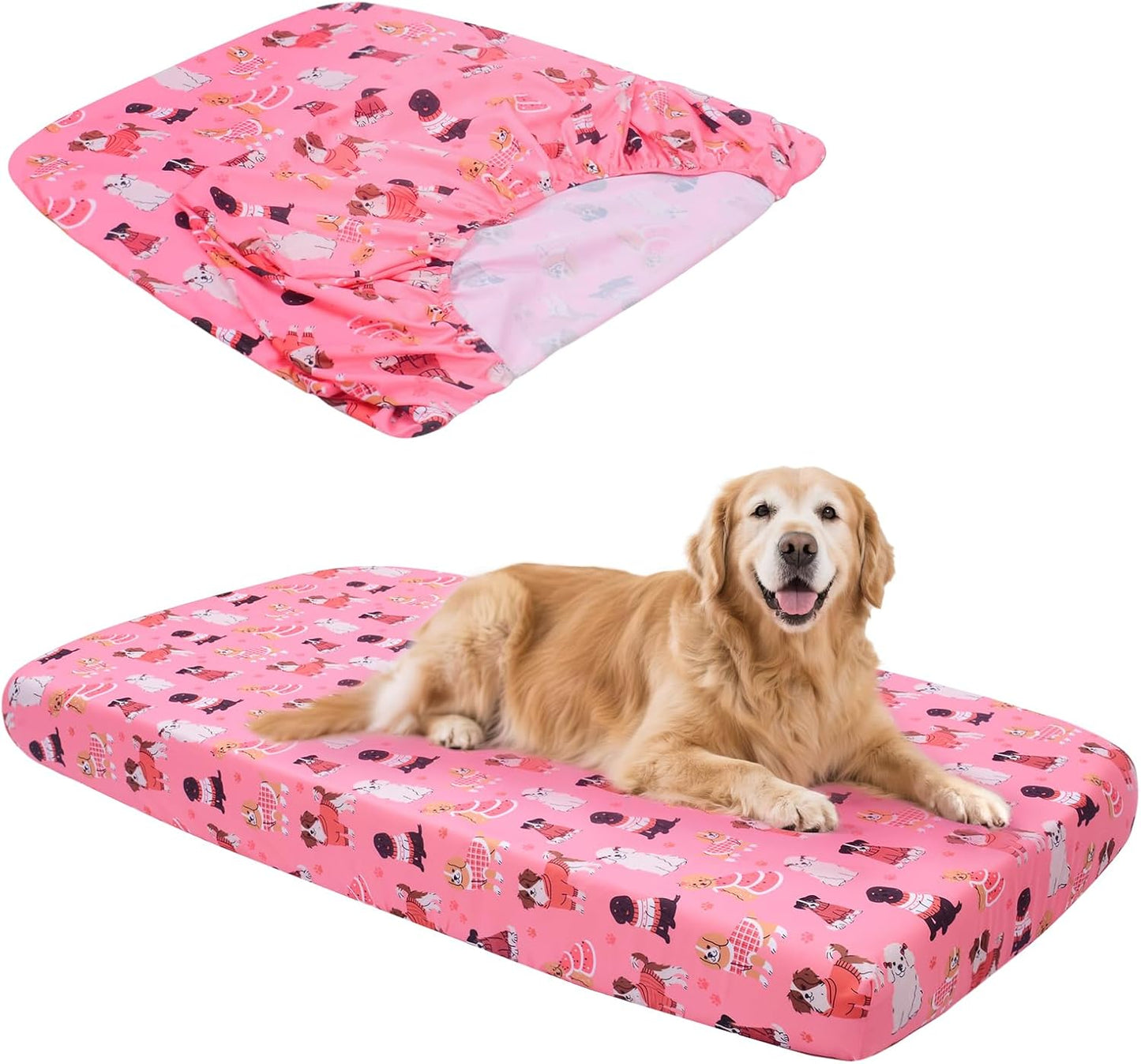 Replacement Dog Bed Covers Elastic Edged Washable Pet Bed Protector with Pink Dog Pattern Design for Medium & Large Pet Beds, Cover Only (Pink, 36" L x 27.0" W x 6.0" Th)
