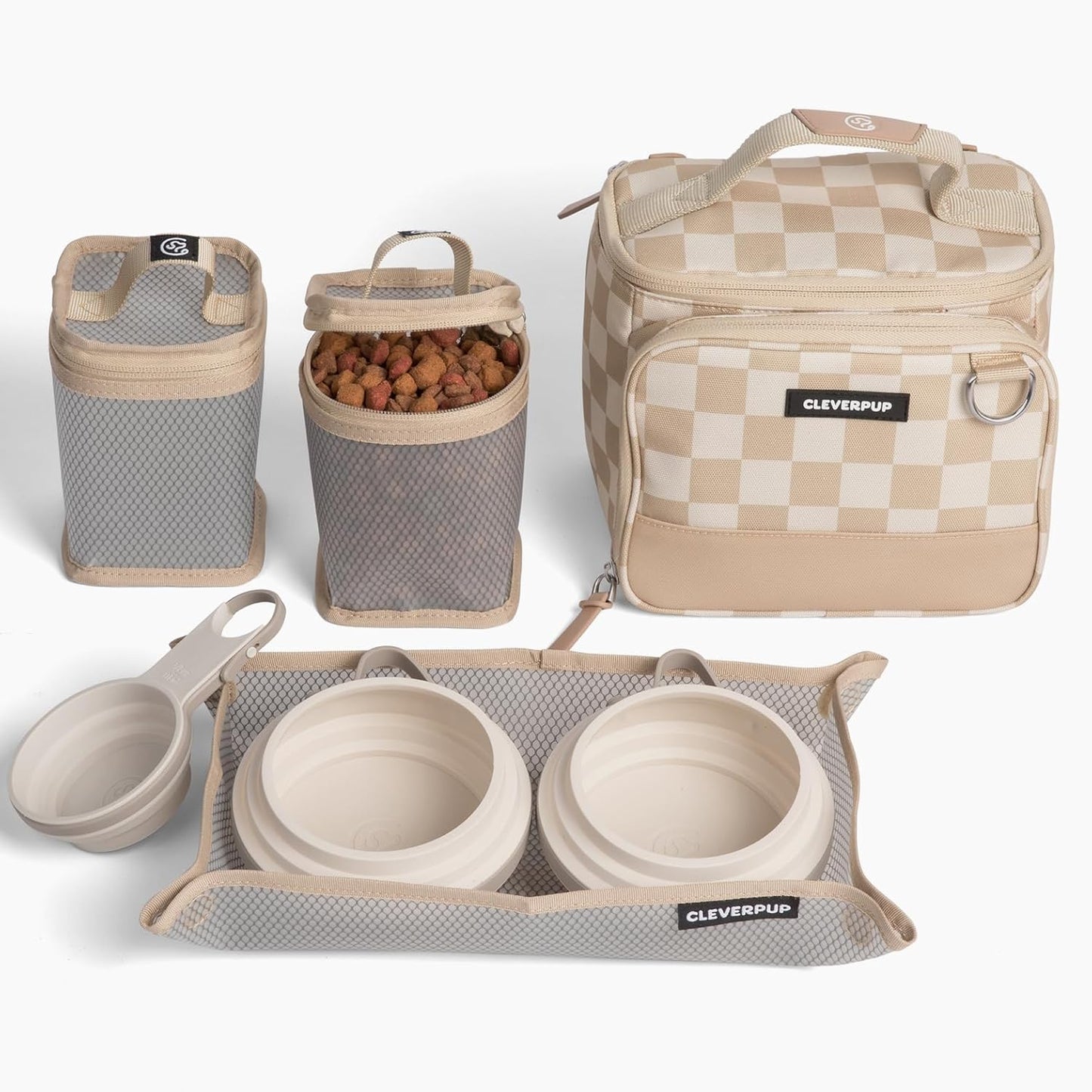 Cleverpup Small 7-Piece Bistro Box Dog Food Travel Kit, 6-Cup BPA-Free Kibble Storage, 2 Silicone Bowls, Mat & Scoop - Portable Pet Food Kit for Weekends, Overnights, Daycare & Camping, Checkerboard
