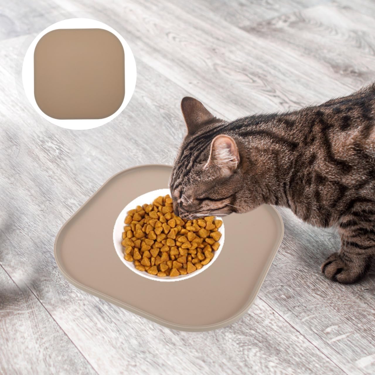 Mikikit Silicone Pet Feeding Mat for Dog Food and Cat Bowl, Waterproof Spill Proof Placemat with Raised Edges, Non Slip Floor Protector Pad, Coffee