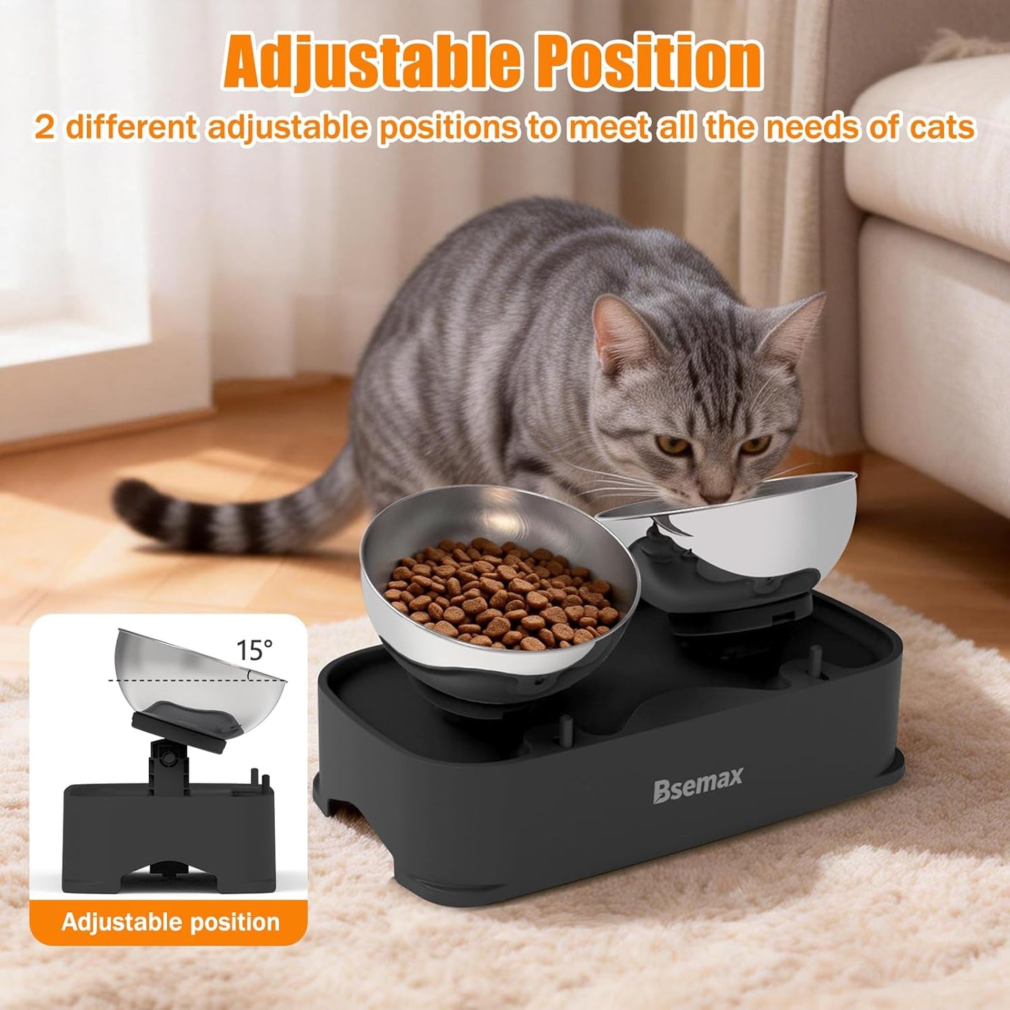 Adjustable Elevated Cat Bowls with 2 Stainless Steel Bowls 6.1”–7.3” Raised Feeding Station with 30° Tilt to Reduce Vomiting & Neck Strain, Stable Non-Slip Stand for Indoor Cats, Small Dogs & Puppies