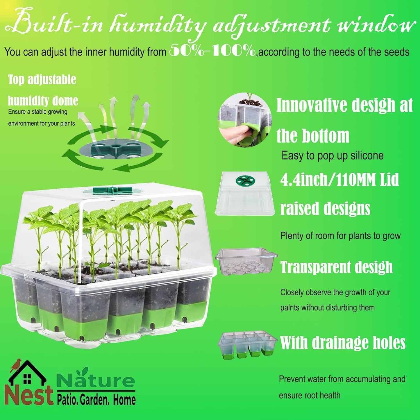 Reusable 60Cell Seed Starter Trays With Humidity Dome & Lids - 60 Cells, Flexible Pop-Out Design, BPA-Free Silicone Seedling Kit for Indoor Gardening, Greenhouse Planting, Dishwasher Safe
