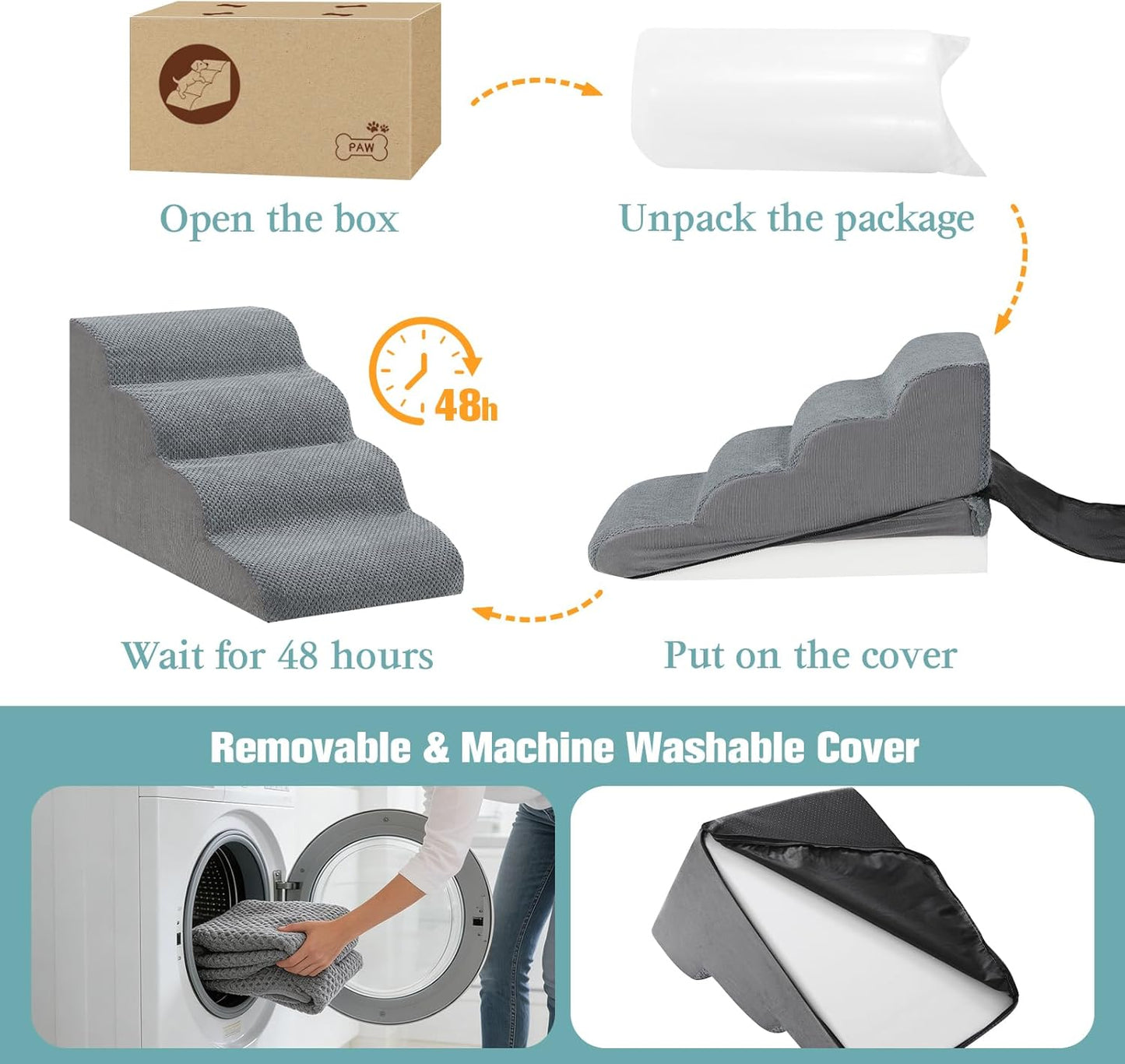 Dog Stairs for Small Dogs, 4-Step Dog Steps for Couch Sofa and Low-Profile & Platform Bed, High-Density Foam Pet Steps Ramp with Removable Washable Cover for Older Injured Dogs Cats, 15.75" H, Grey