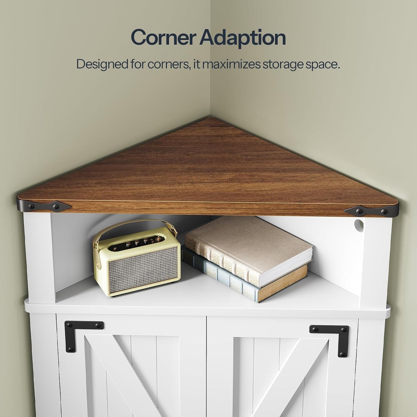 HOOBRO Farmhouse Corner Cabinet, Small Corner Storage Cabinet with Lights, Wooden Corner Cabinet with Doors and Adjustable Shelves, for Bathroom, Living Room, Kitchen, White and Walnut WH119DCJ01