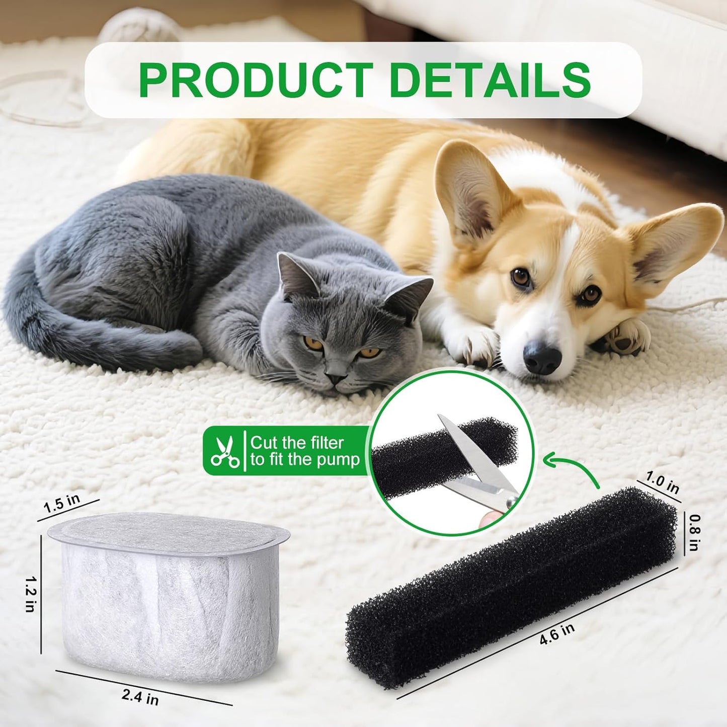 12 Pack Cat Water Fountain Replacement Filters with Sponges Compatible with W300&W300B&W500&W500B Automatic Pet Fountain 71oz/2L and 118oz/3.5L Dog Water Bowl Drinking Dispenser