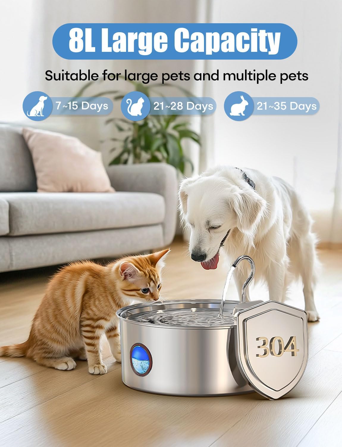 Dog Water Fountain for Large Dogs- 8L/270oz Stainless Steel Dog Fountain Dispenser Automatic Pet Water Bowl with Ultra-Quiet Pump/Quadruple Filtration for Large Pups Cats & Multi-Pet