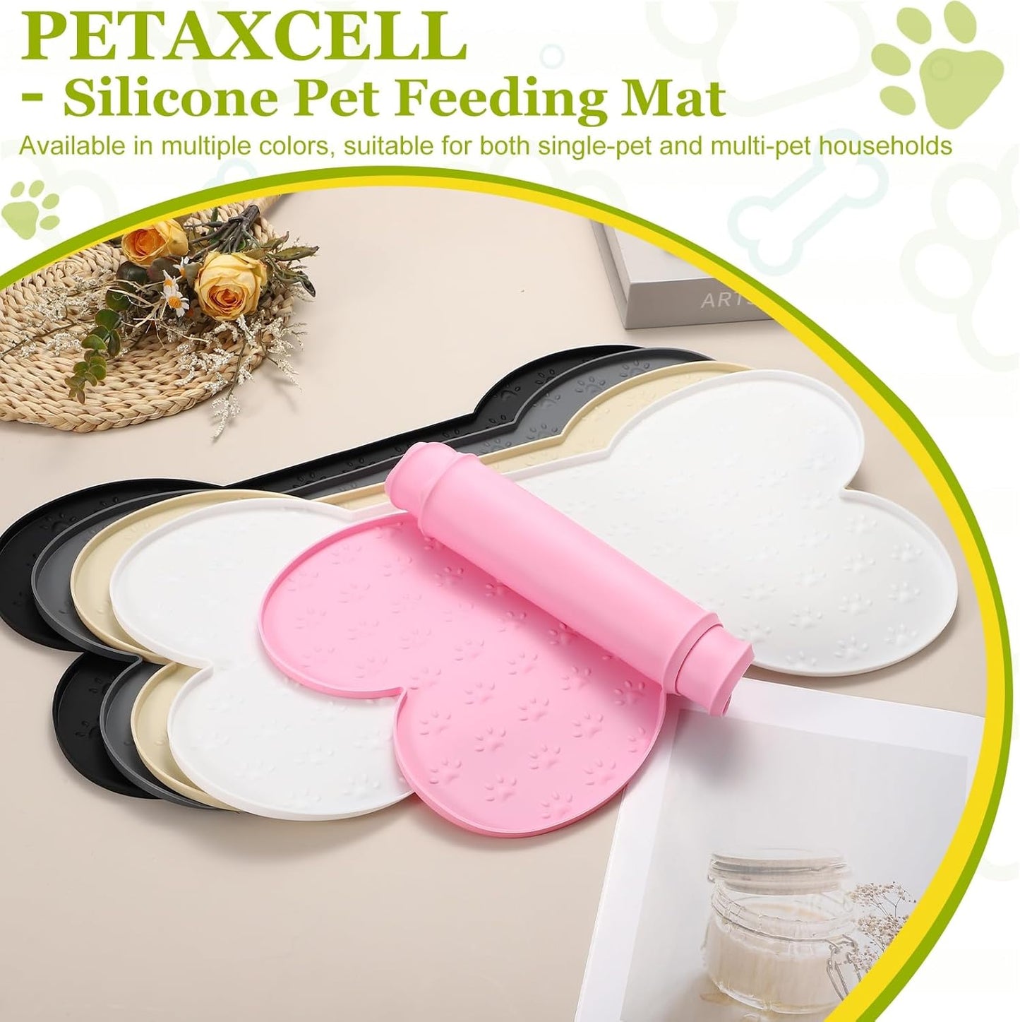 Dog Food Mat, 20x10 Inch Silicone Pet Feeding Mat Non-Slip Bone Shaped Waterproof Dog Water Bowl Tray Raised Edge Protects Floors (Pink), Intended for Pets Bowl/Fountain