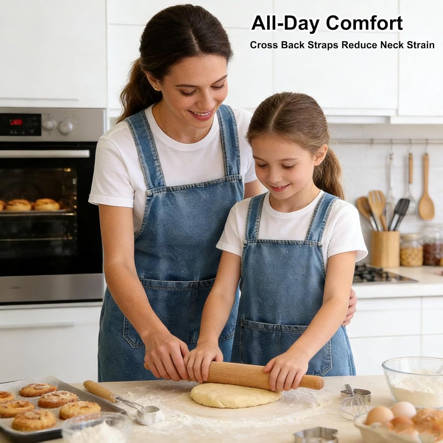 Adult Jour Apron, Lightweight Cotton Apron with Front Pocket, Denim Cross Back Aprons, Durable & Stain-Resistant