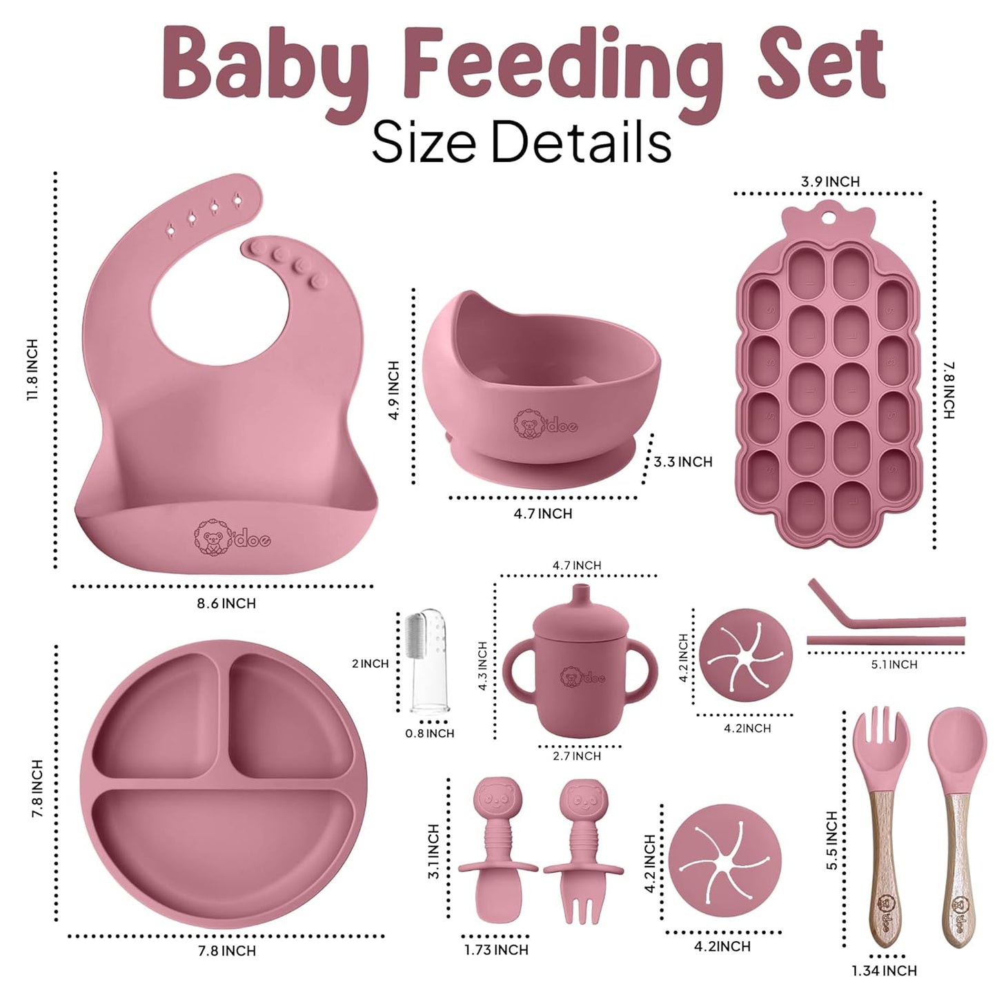 O'doe Baby Weaning Set – 15 Pcs Silicone Baby Feeding Set with Suction Plate, Bowl, Bib, Sippy Cup, Fruit Feeder & Freezer Tray – Baby Plates and Bowls Set for 3M+ | BPA-Free Baby Dishes & Utensils